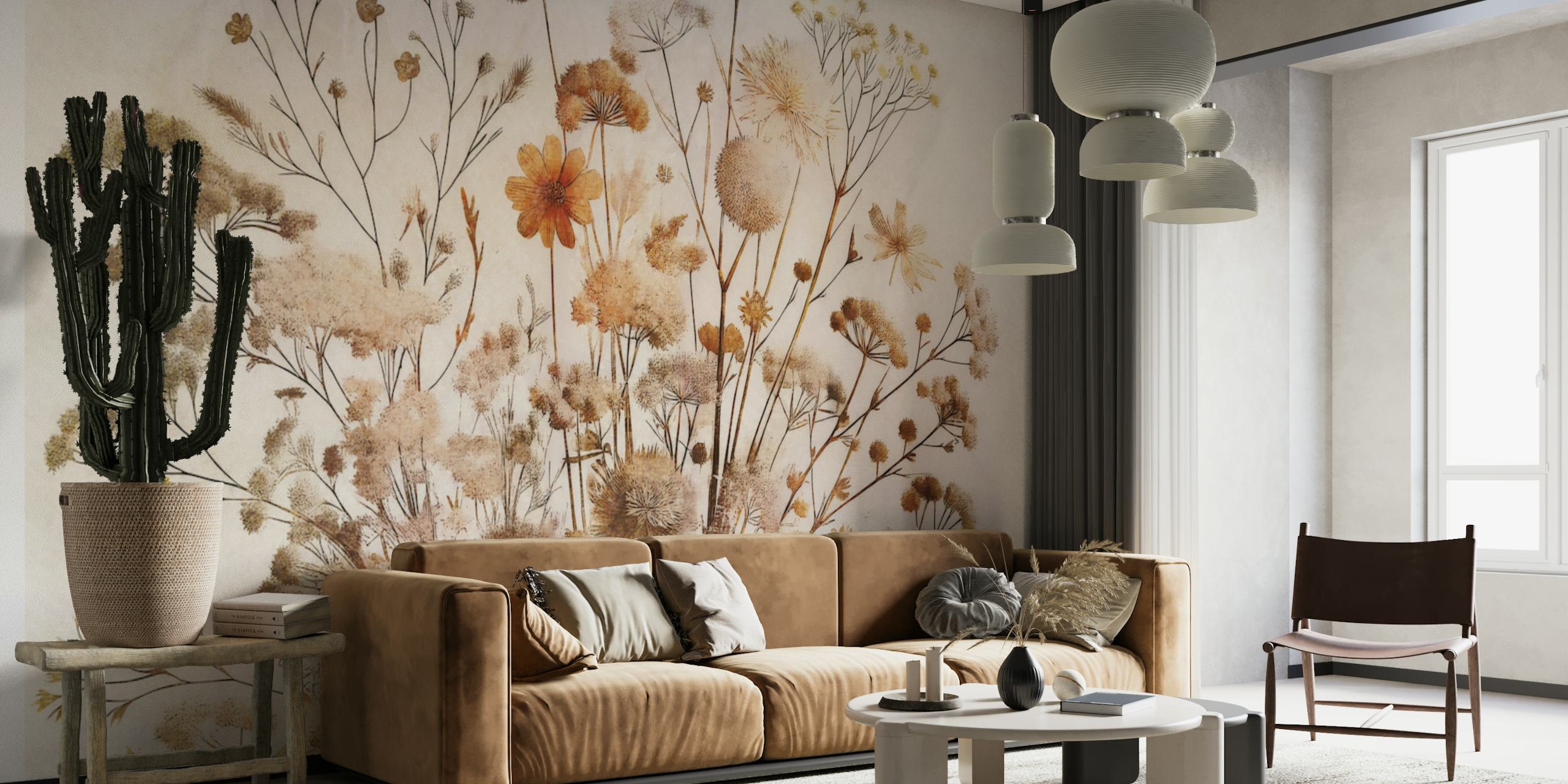 Dried autumn flora with delicate flowers and stems in warm beige and brown tones wallpaper