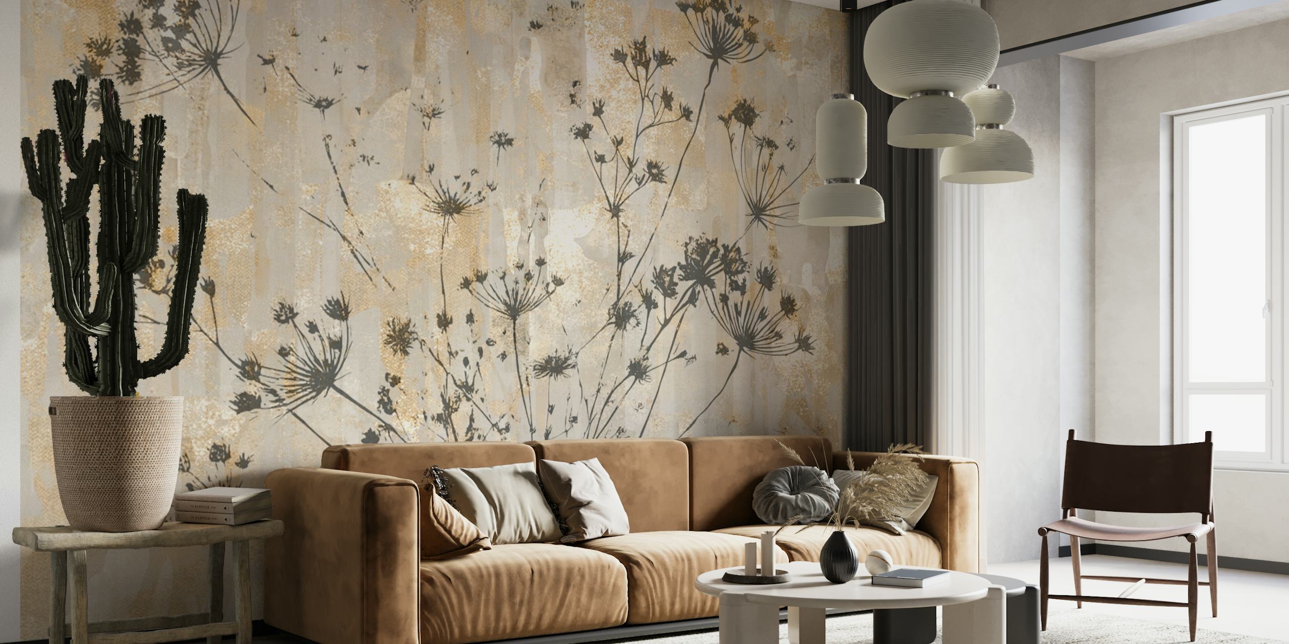 Golden floral silhouettes against a textured metallic background wallpaper