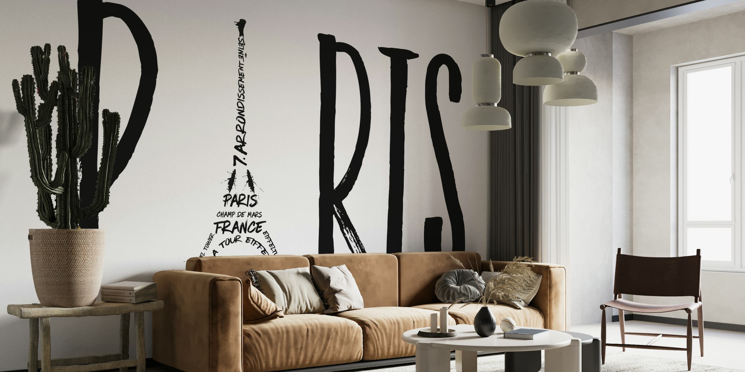Black and white Paris typography art with Eiffel Tower integrated into the design