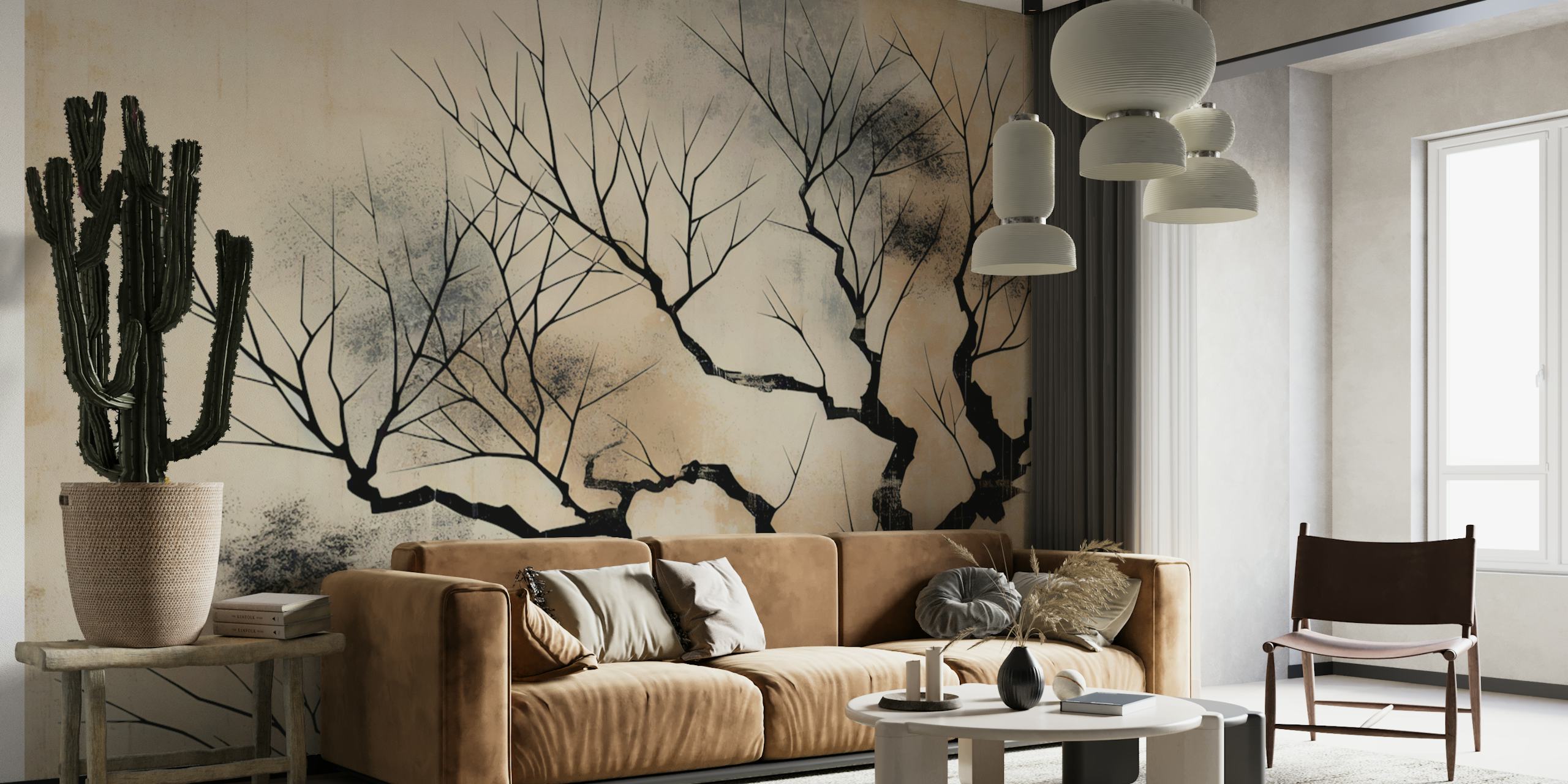 Papel pintado Japandi Forest Abstract en una habitación