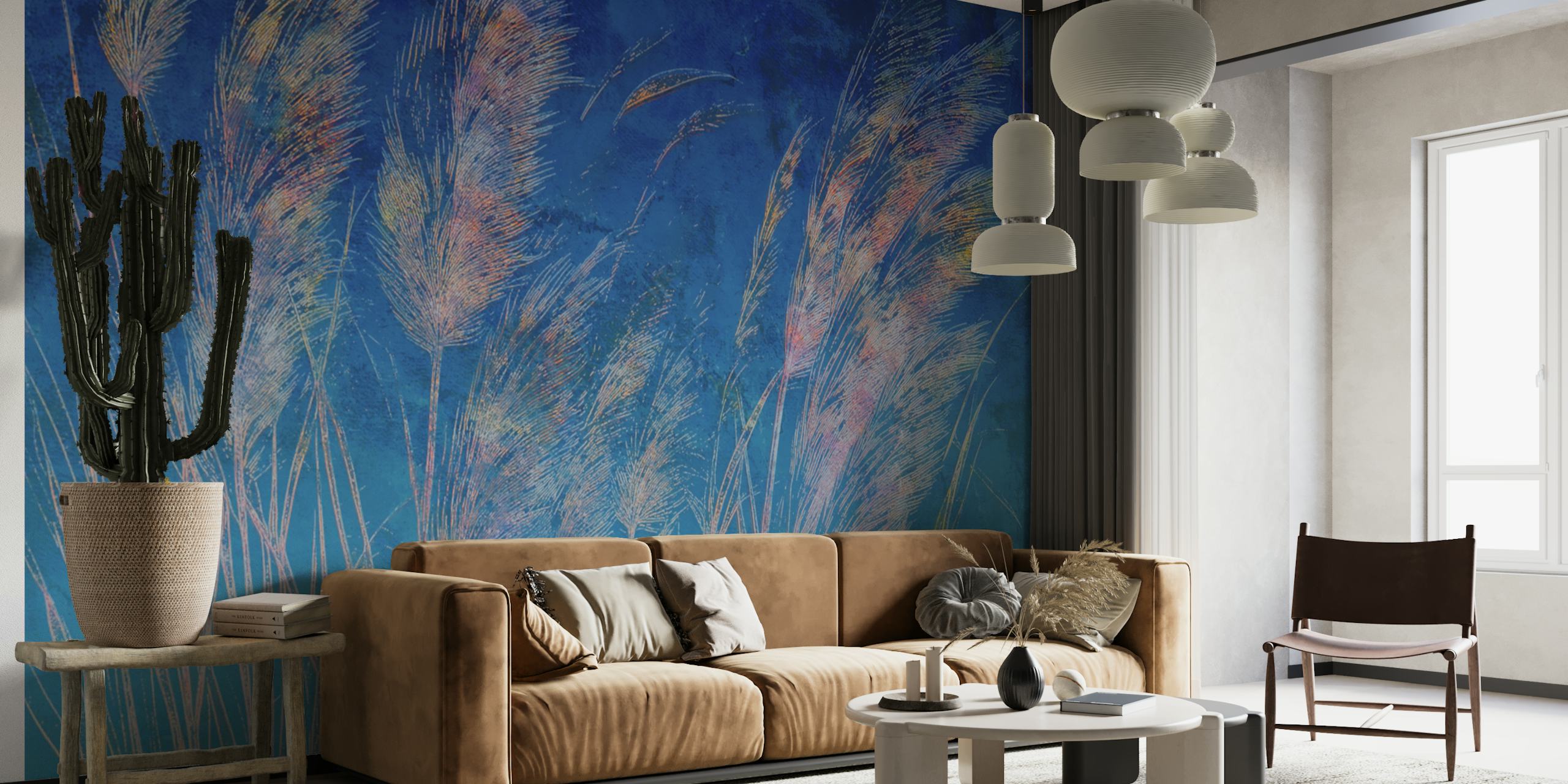 Pampas grass in pastel colors on a blue background wallpaper