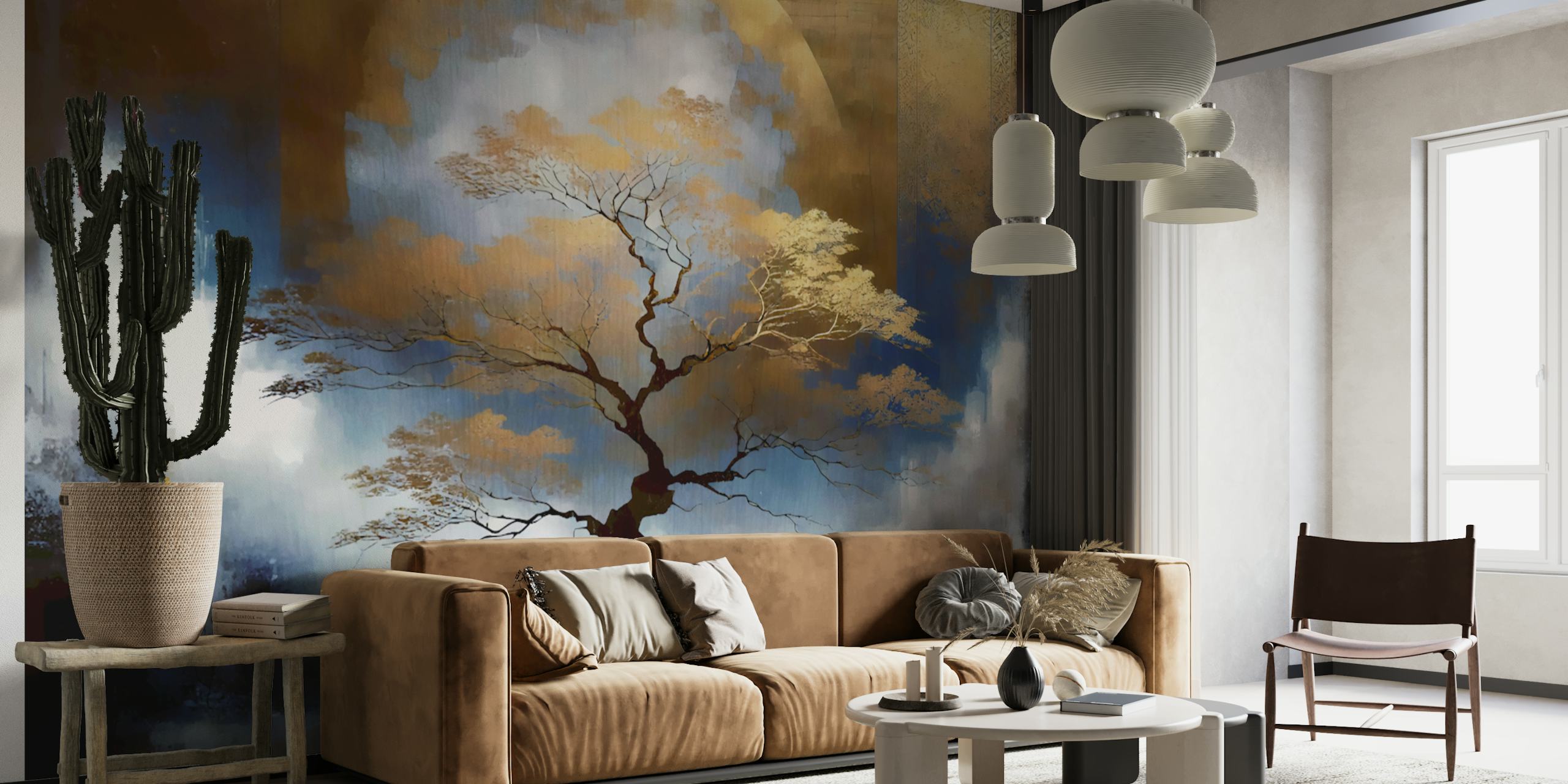 Silhouetted tree against a blue and gold night sky wallpaper