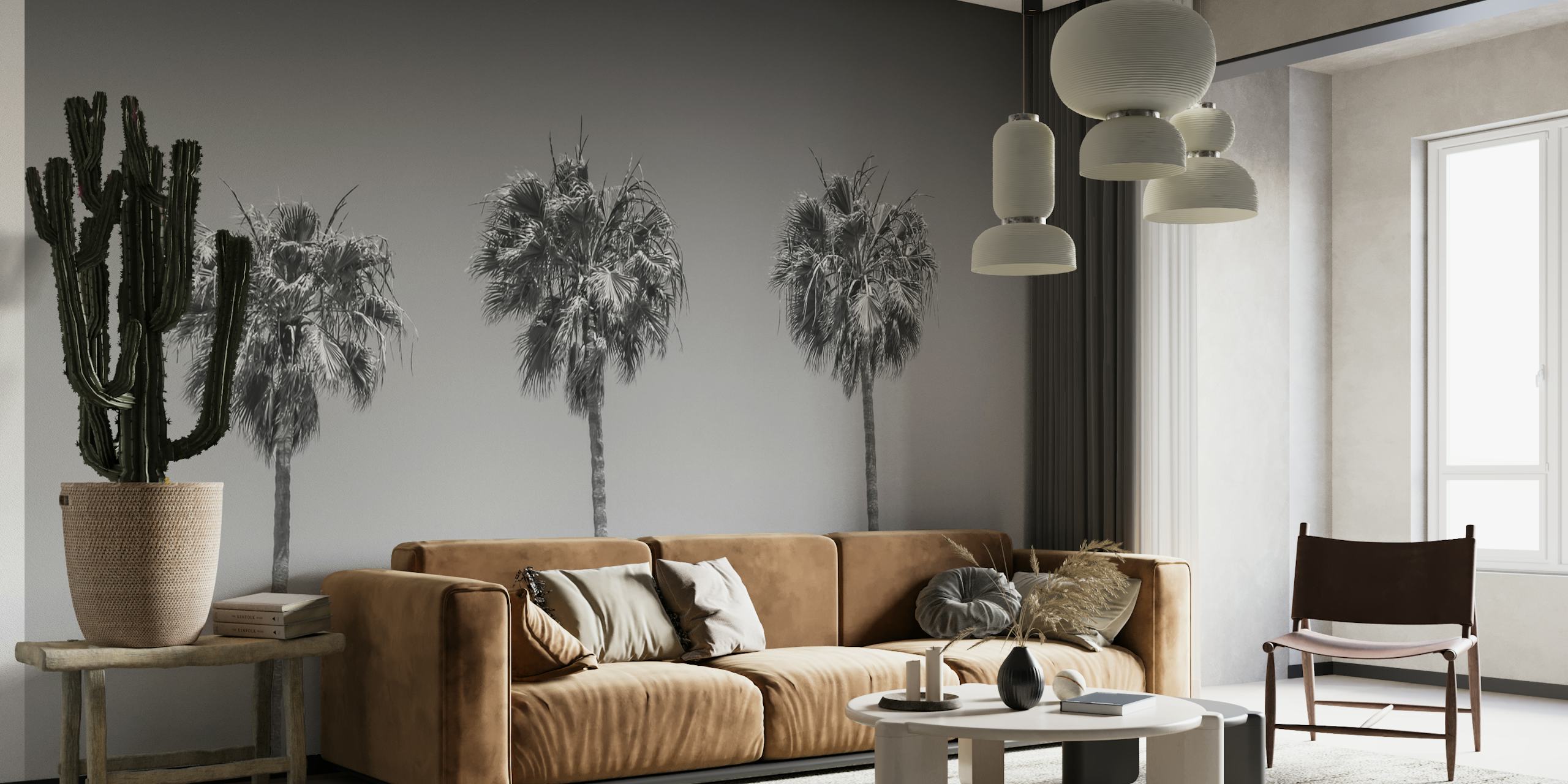 Monochrome palm trees mural in black and white wallpaper