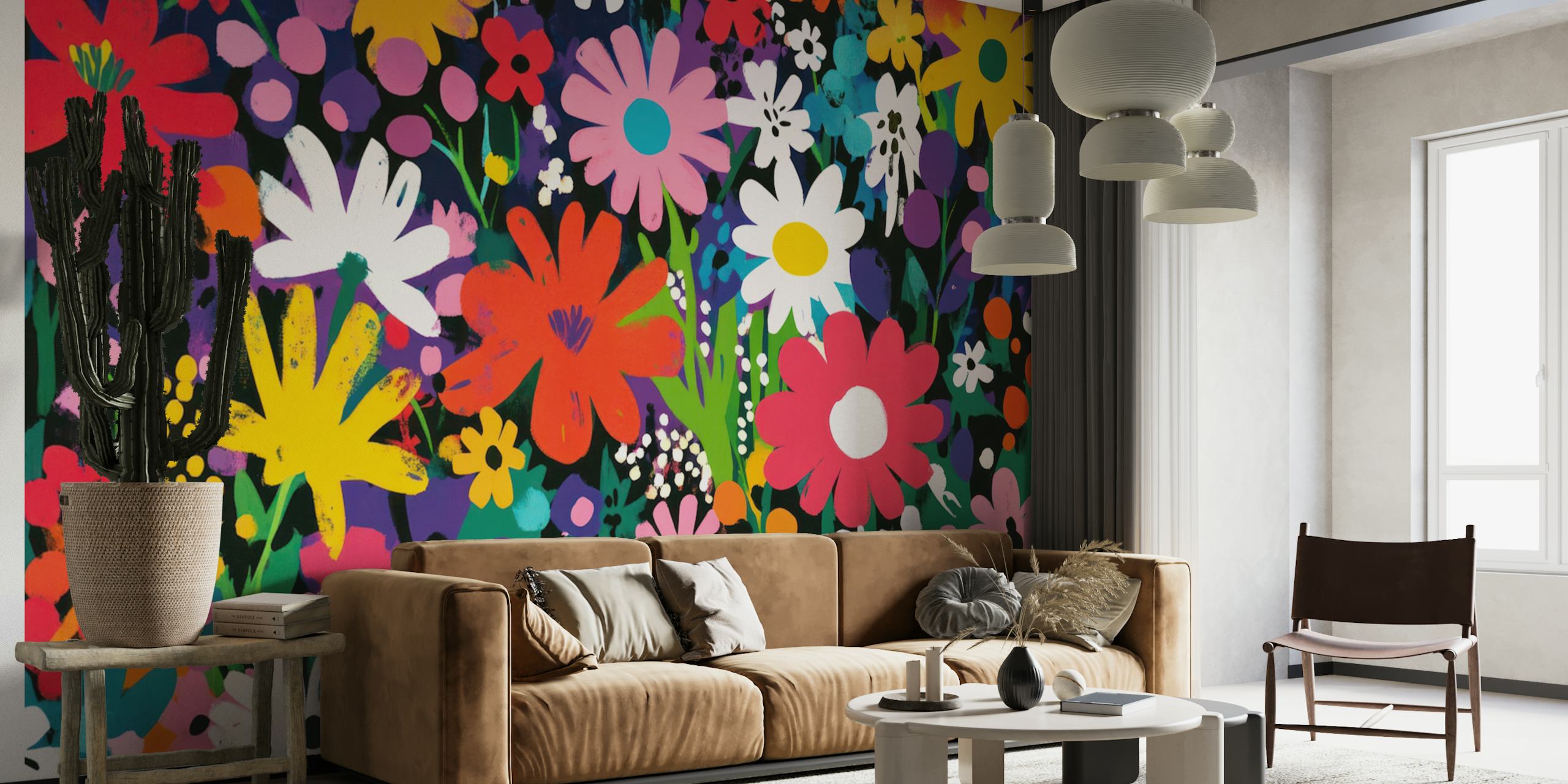 Vibrant floral wallpaper in a living room