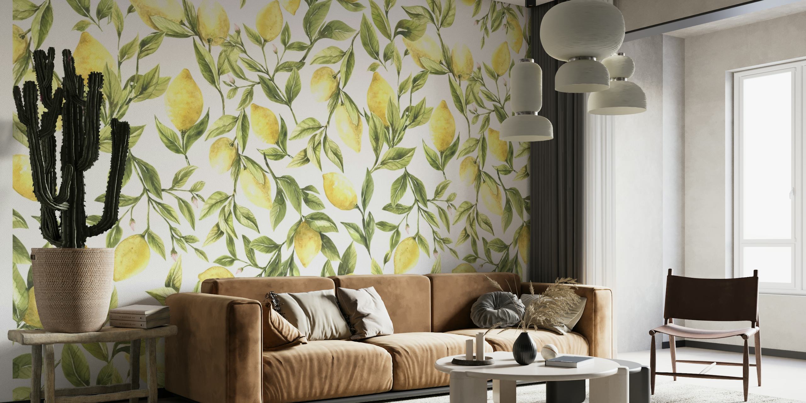 Lively and refreshing pattern of yellow lemons with green foliage for a wall mural.