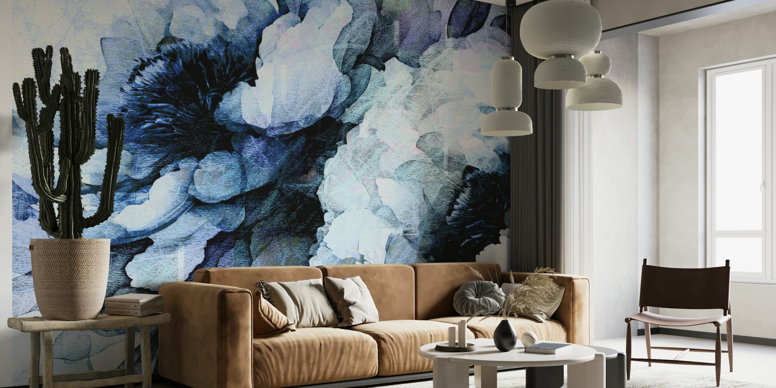 Blue and white abstract floral patterned wallpaper