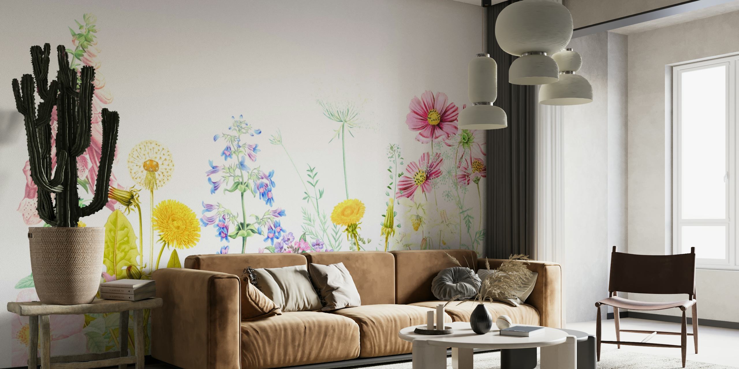 Et farverigt vægmaleri af en forårsblomsteng med forskellige blomster