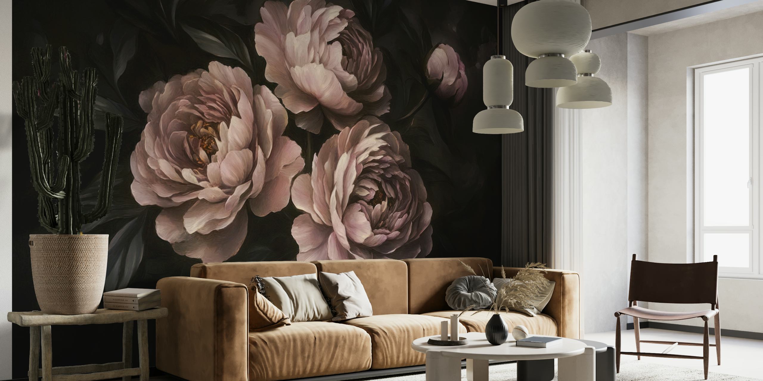 Three dark pink peonies on a black background wallpaper