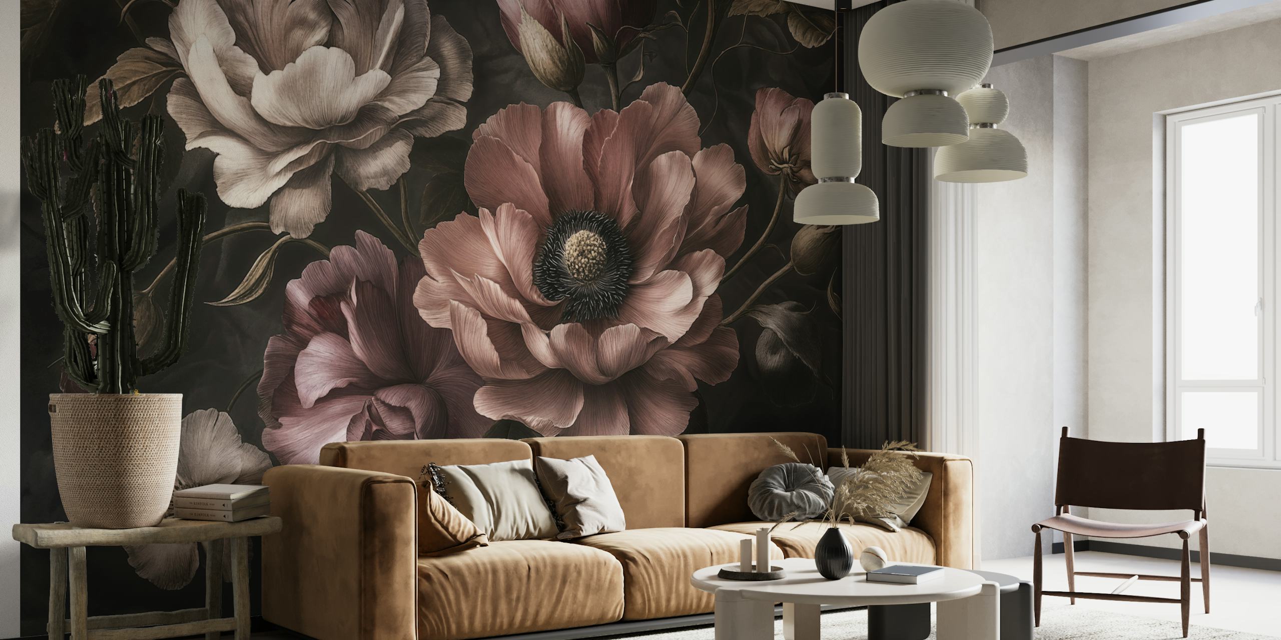 Moody Midnight Victorian Flowers wallpaper in a room