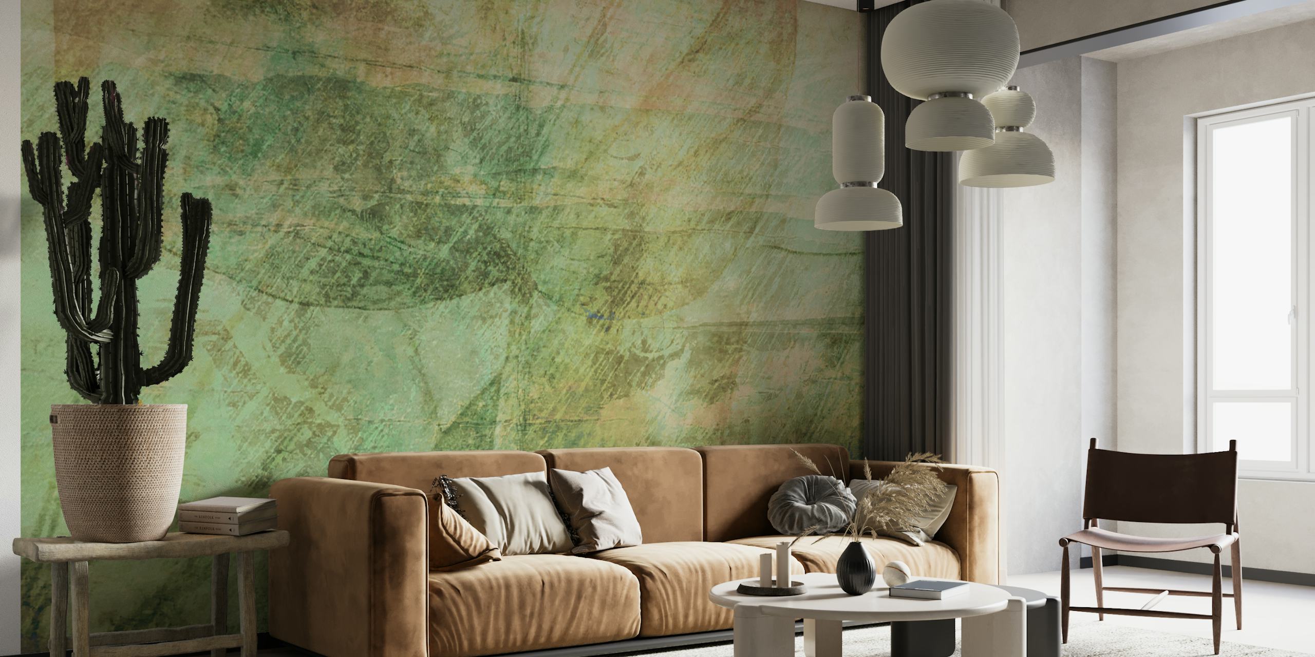 Rustic leaf brush strokes in soft green and earthy tones wallpaper