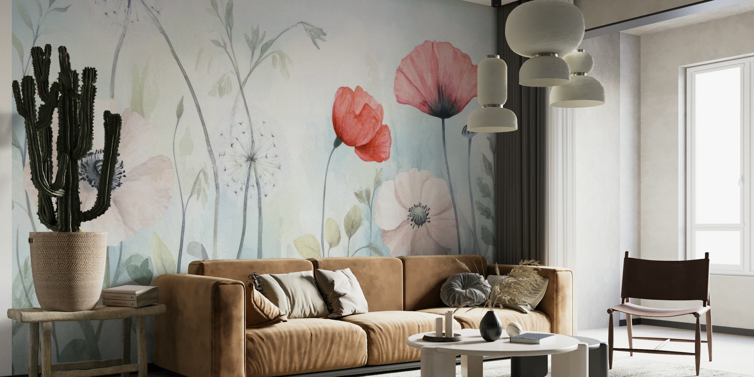 Soft pink and white flowers with greenery in watercolor style wallpaper