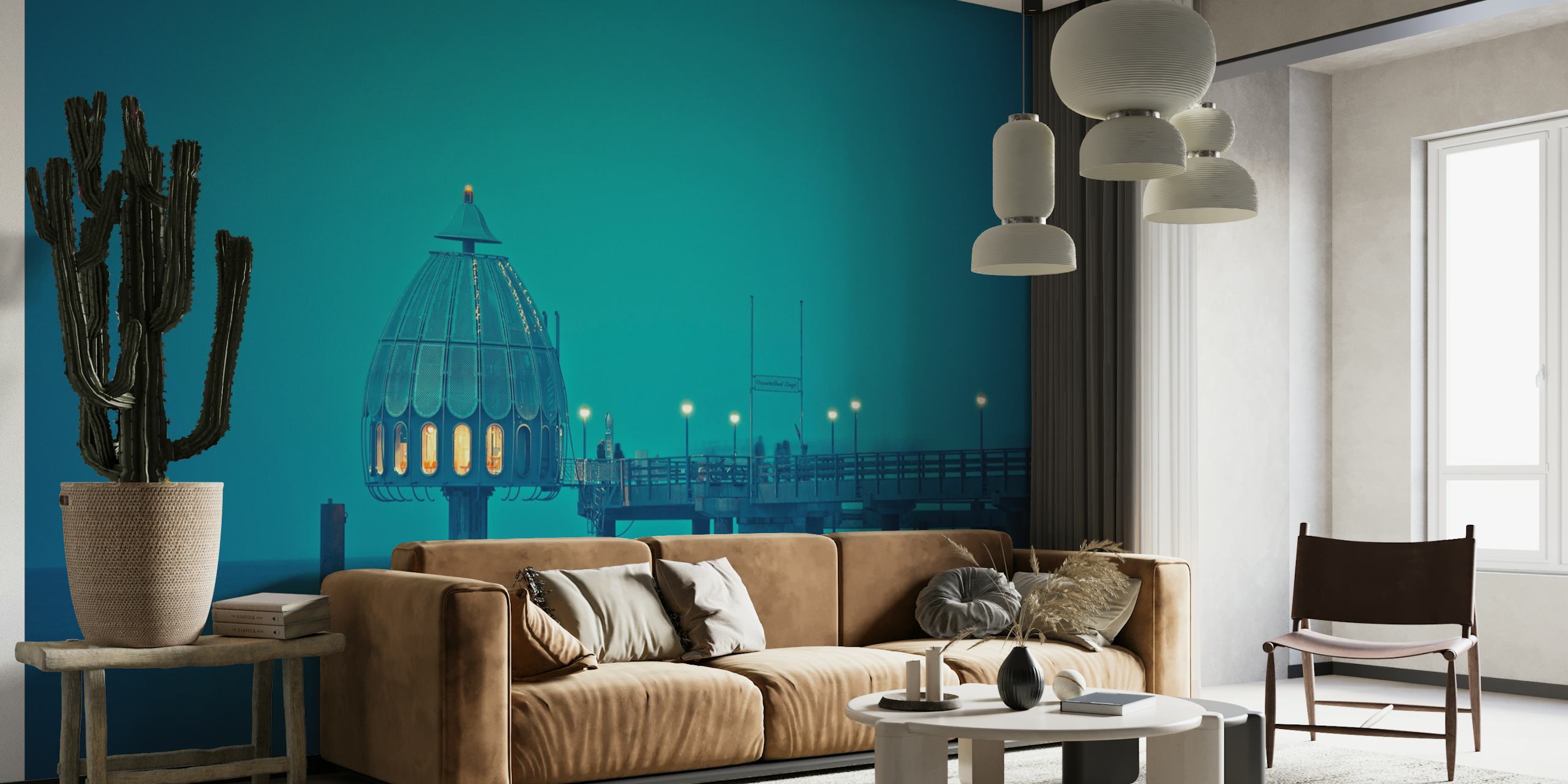 Pier Zingst muurschildering met een sereen schemerig zeegezicht en een rustige pier