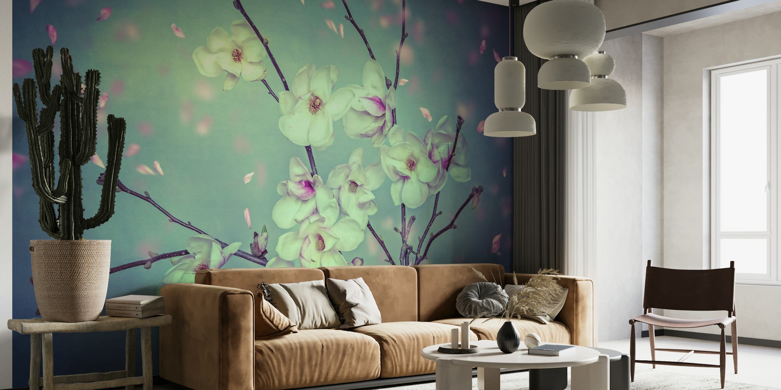 Fotomural vinílico de parede de flores de magnólia etérea em um ambiente tranquilo de primavera