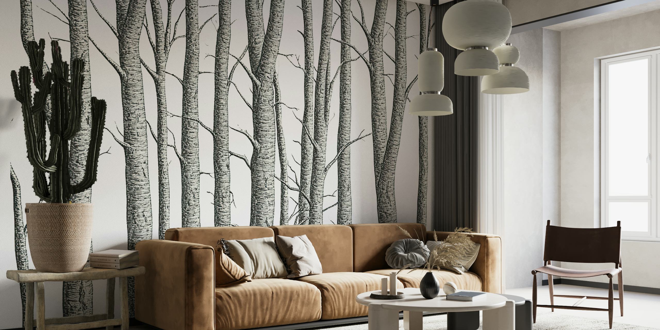 Detailed black and white tree wallpaper with engraved look.