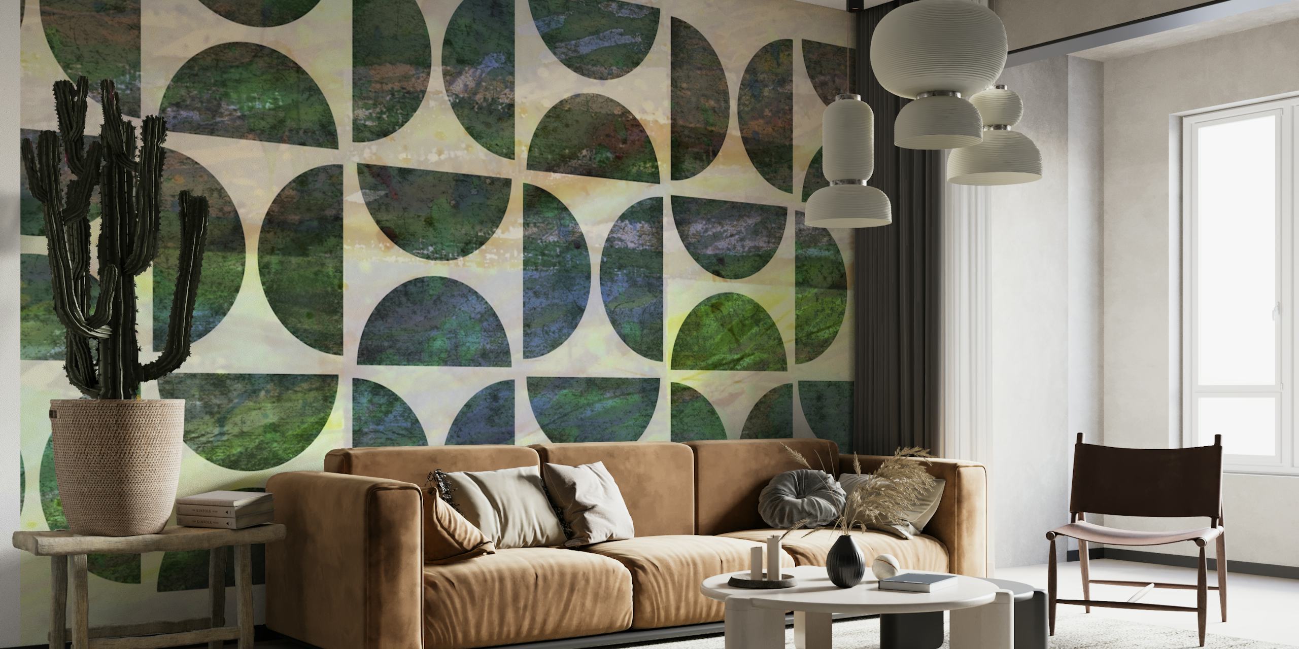 Geometric black and green shapes on textured wallpaper in abstract style