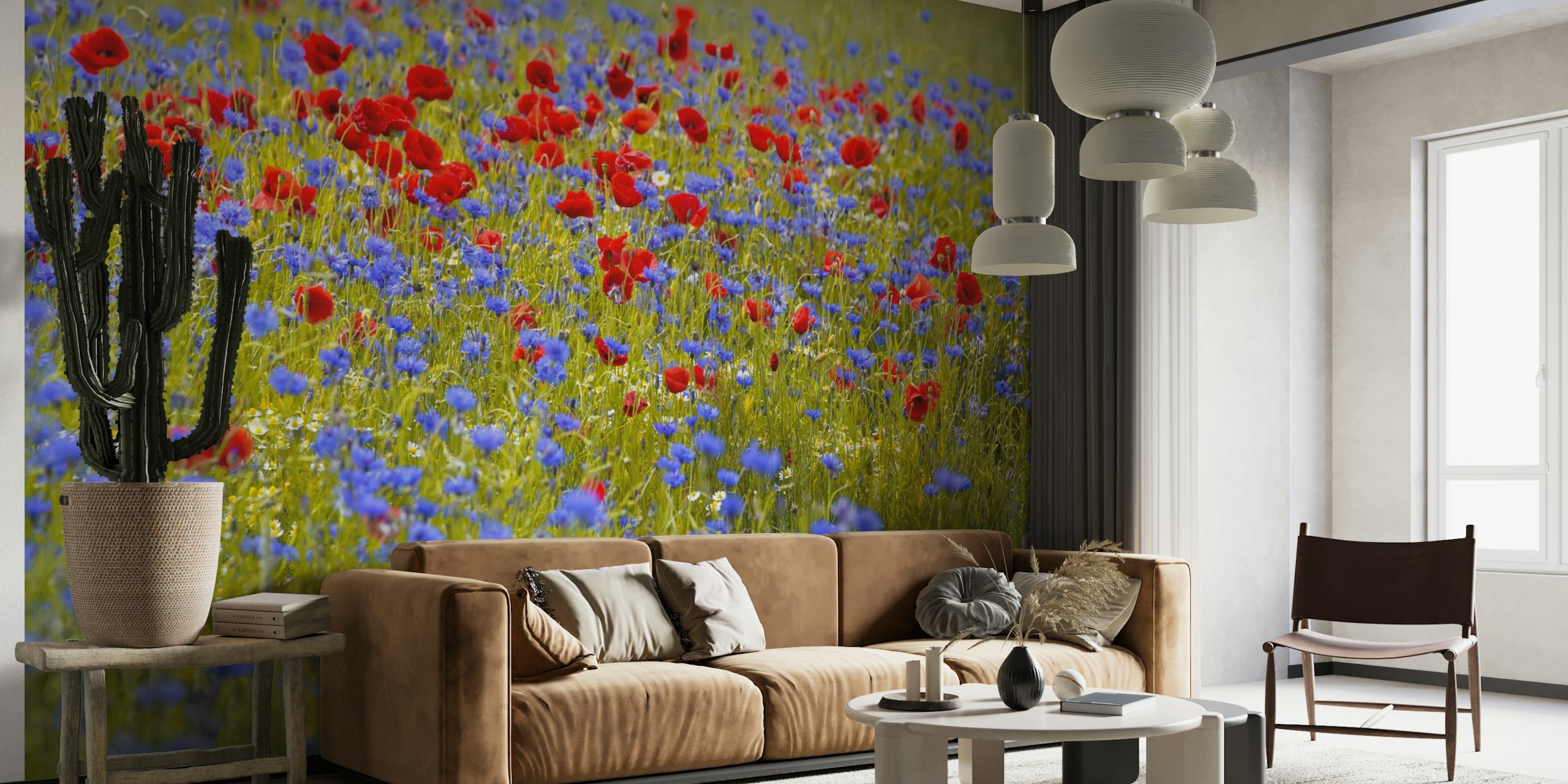 Blue Red Bloom Field seinämaalaus, jossa punaisia unikkoja ja sinisiä ruiskukkia