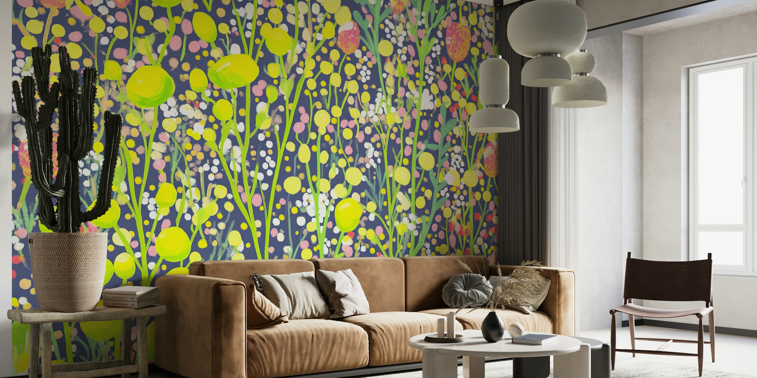 Colorful floral elements with yellow, pink, and white on dark background wallpaper