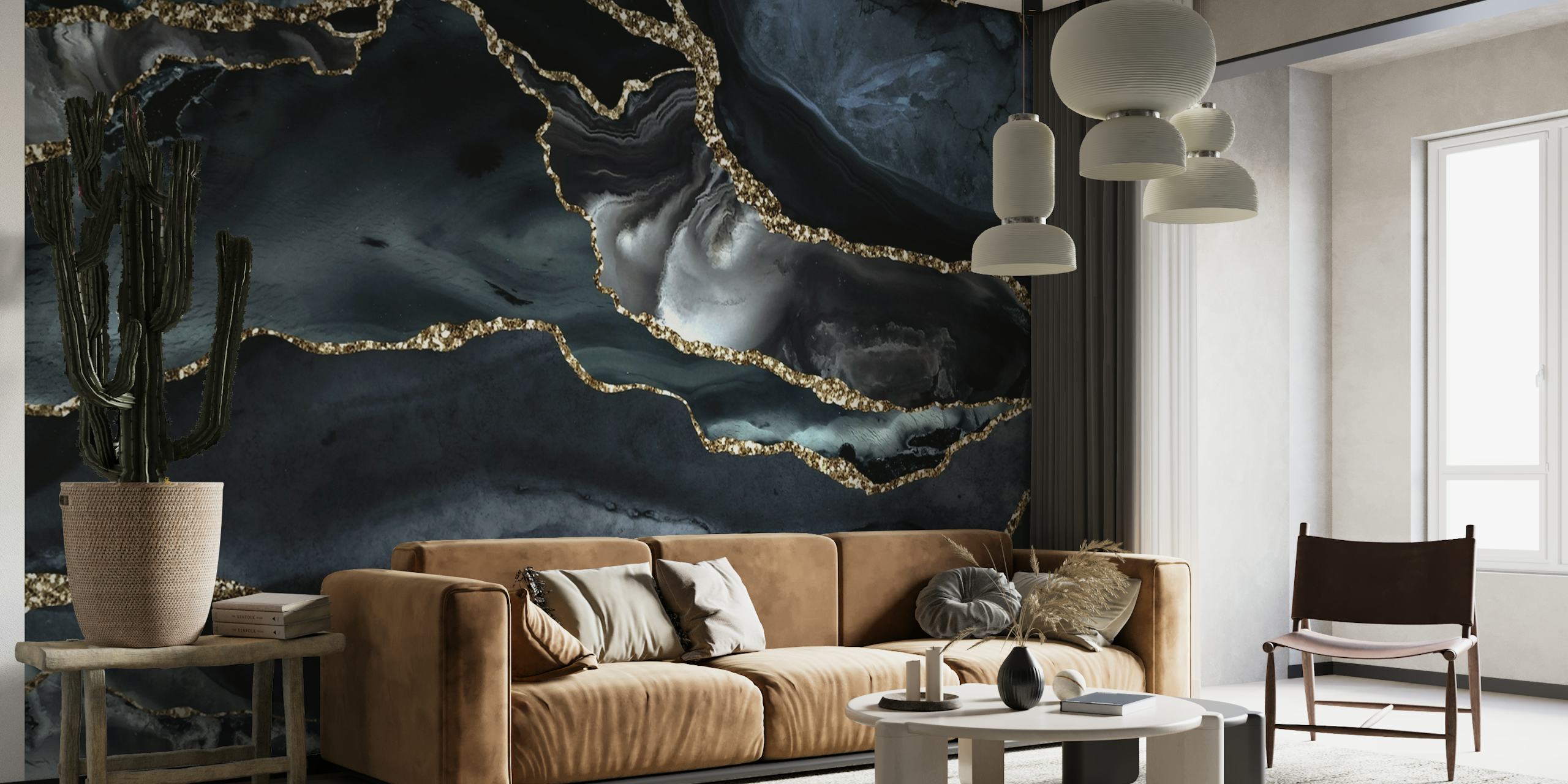 Moody gray marble pattern with gold accents wall mural