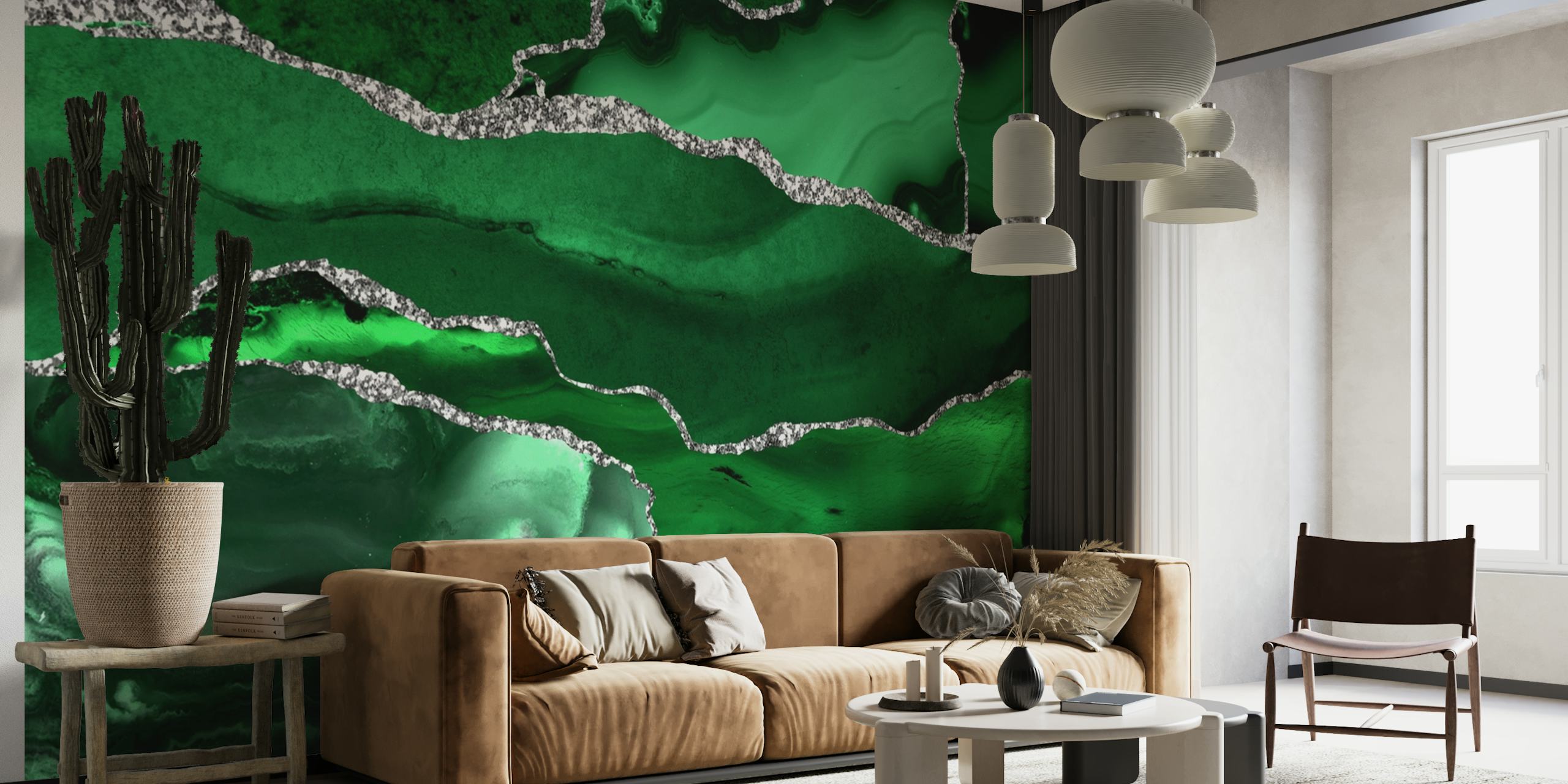 Emerald Green Marble Mosaic wall mural with silver veins
