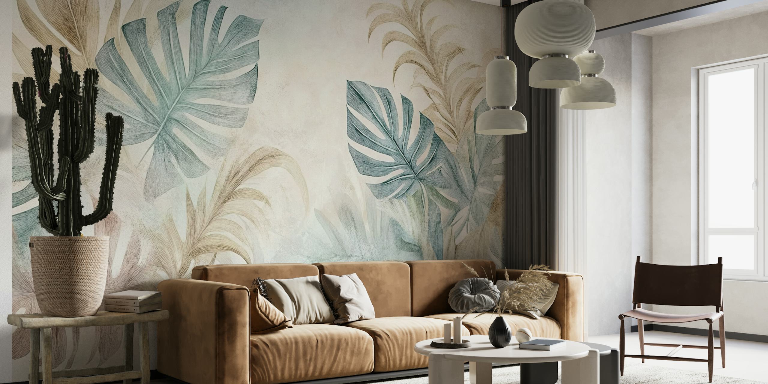 Tapeta Soft Tropical Leaves v místnosti