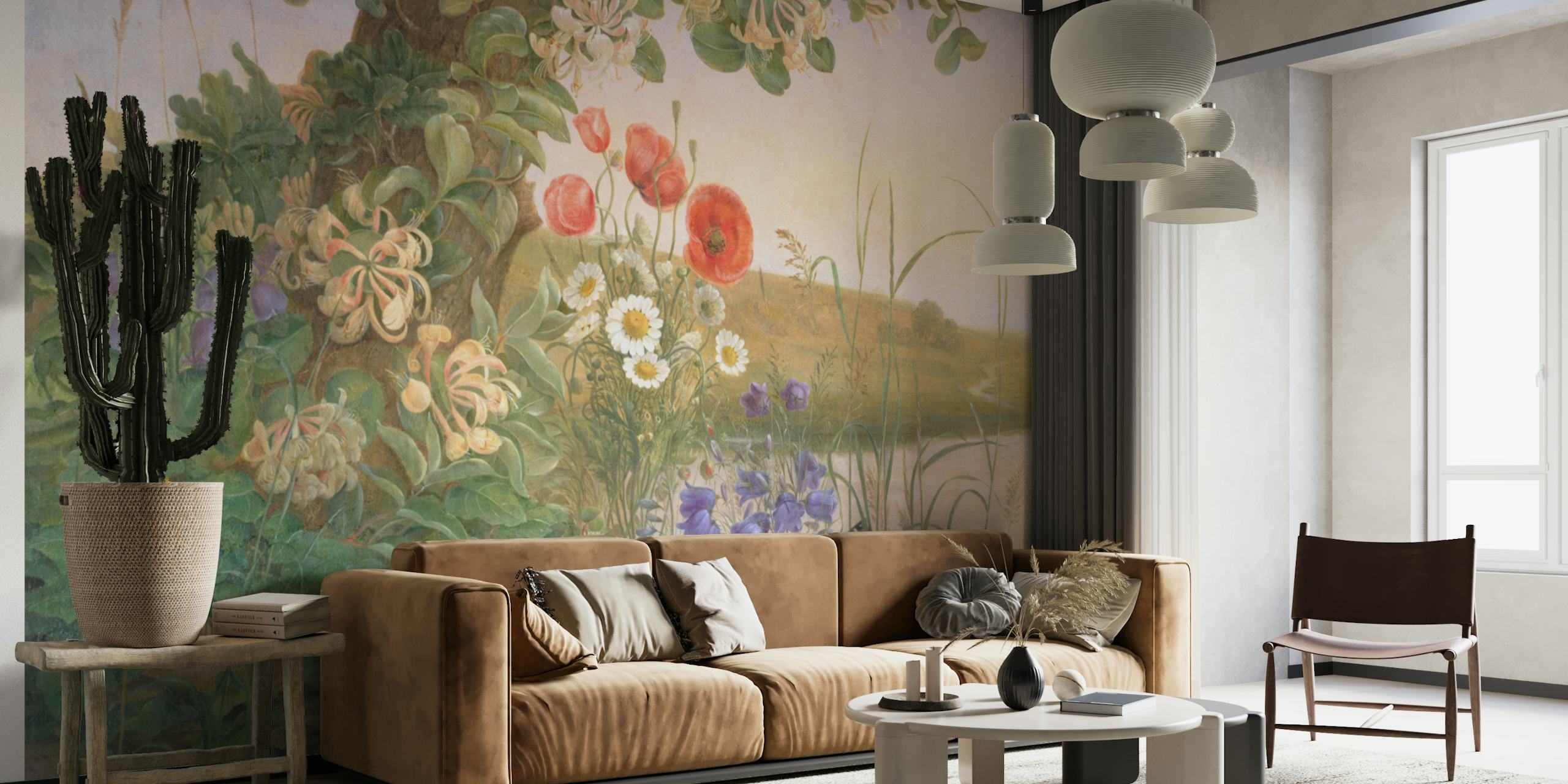 Colorful flowers and greenery in a pastoral landscape wallpaper