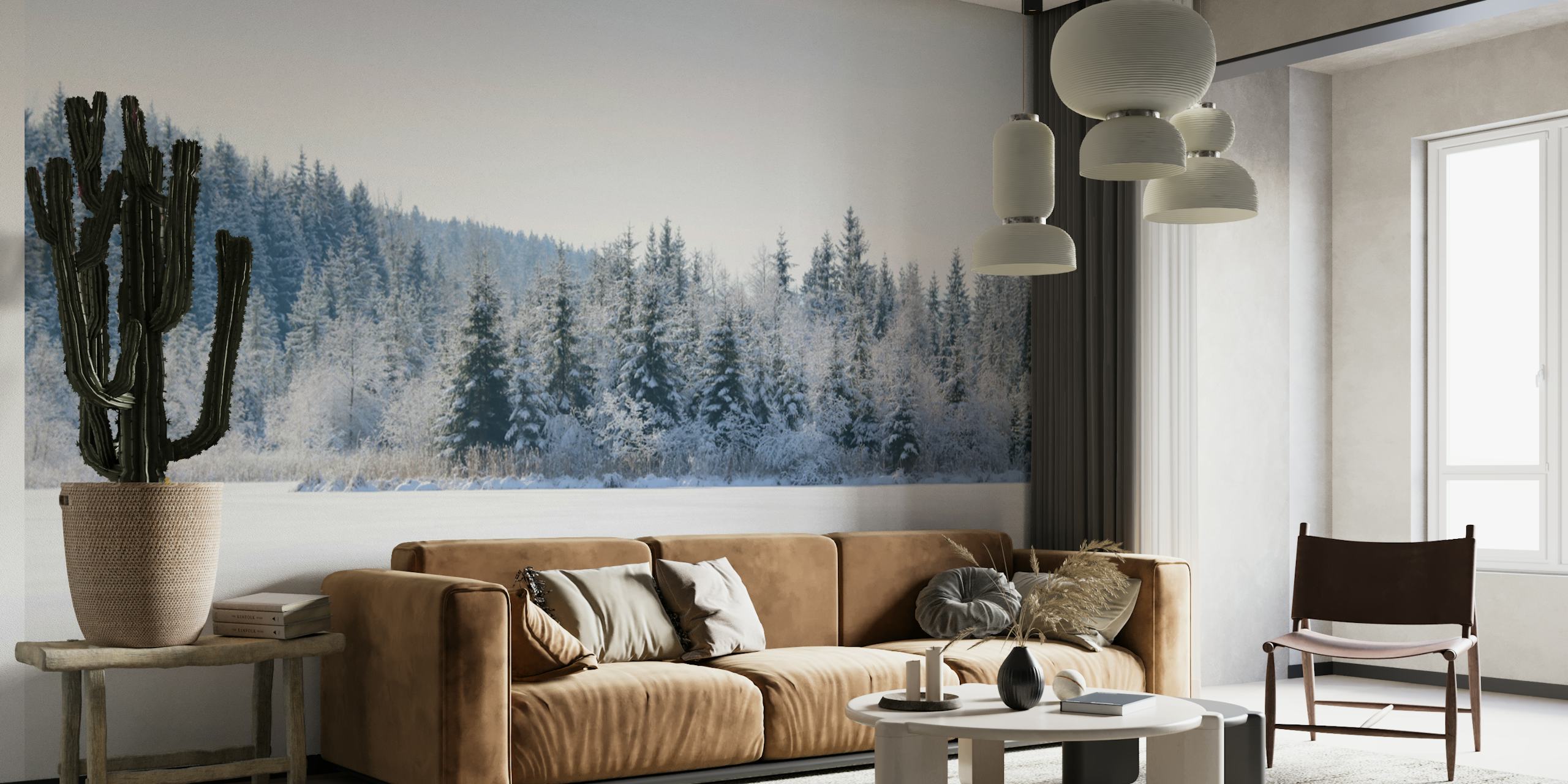 Snowy pine trees wallpaper in a room