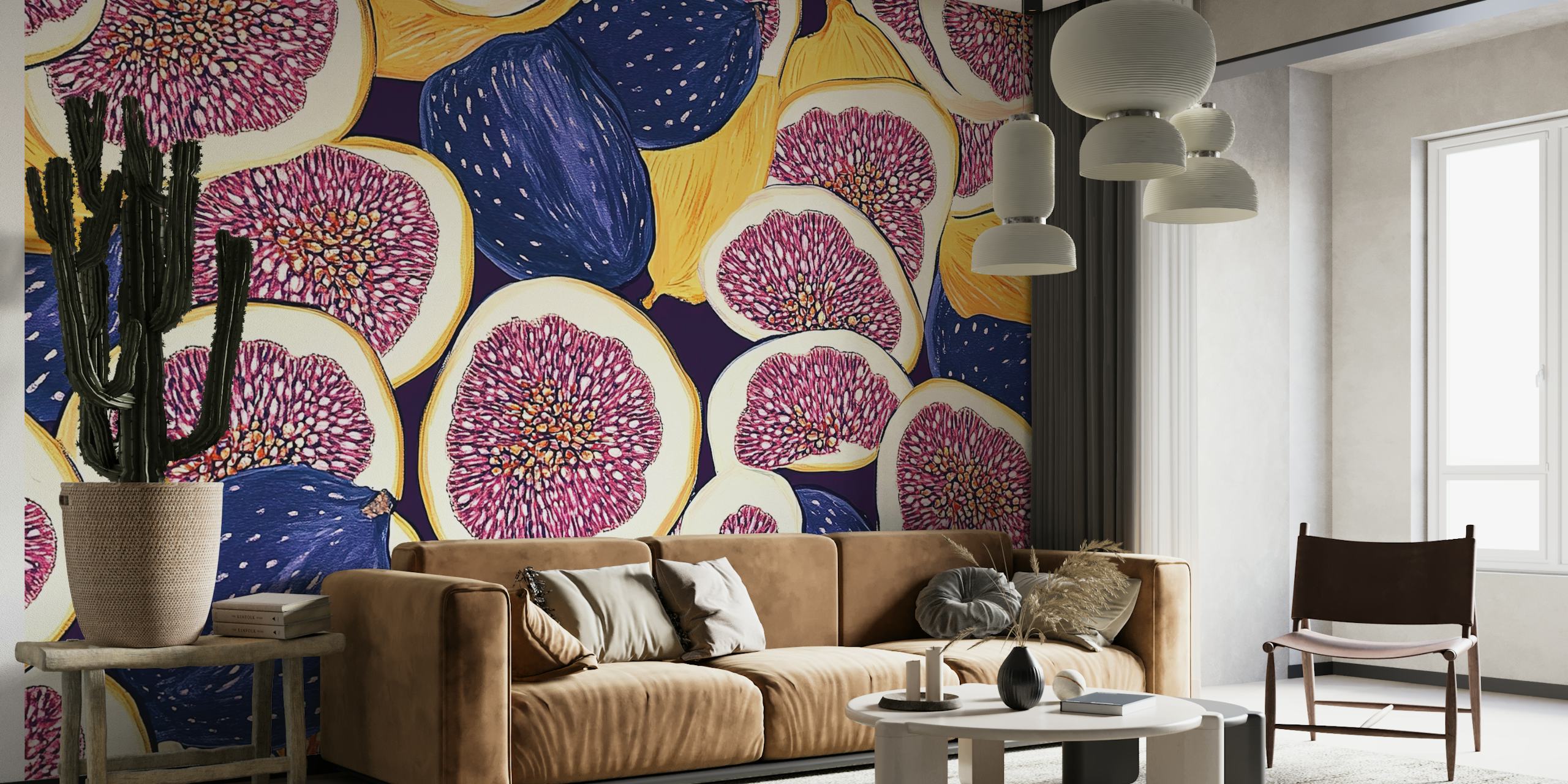 Colorful fig fruit pattern wallpaper with purple hues and yellow accents