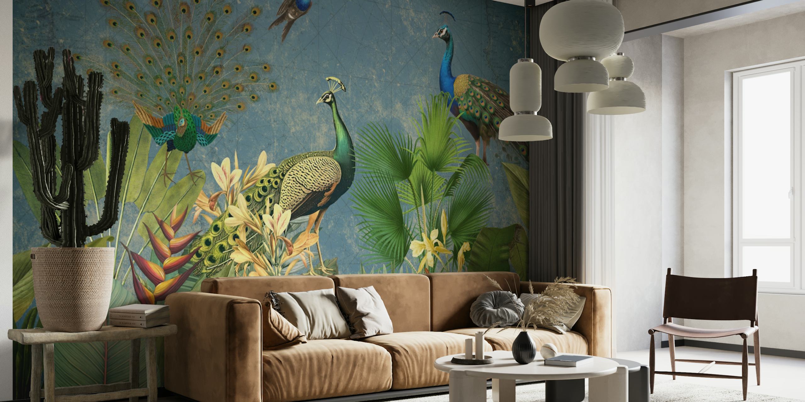 Elegant peacocks among greenery wallpaper in a room