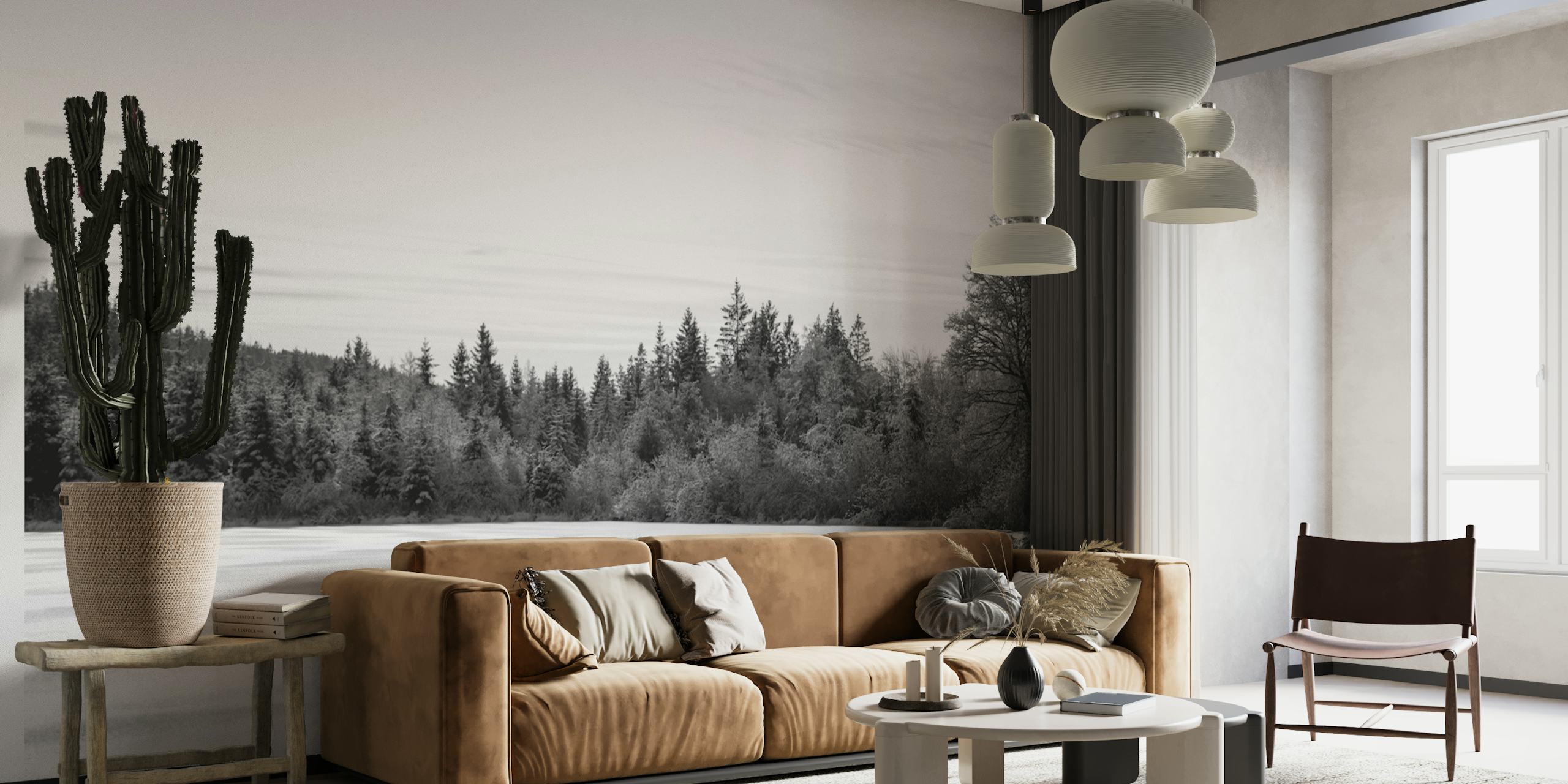 Μαύρος και λευκός τοίχος με snowy pine trees