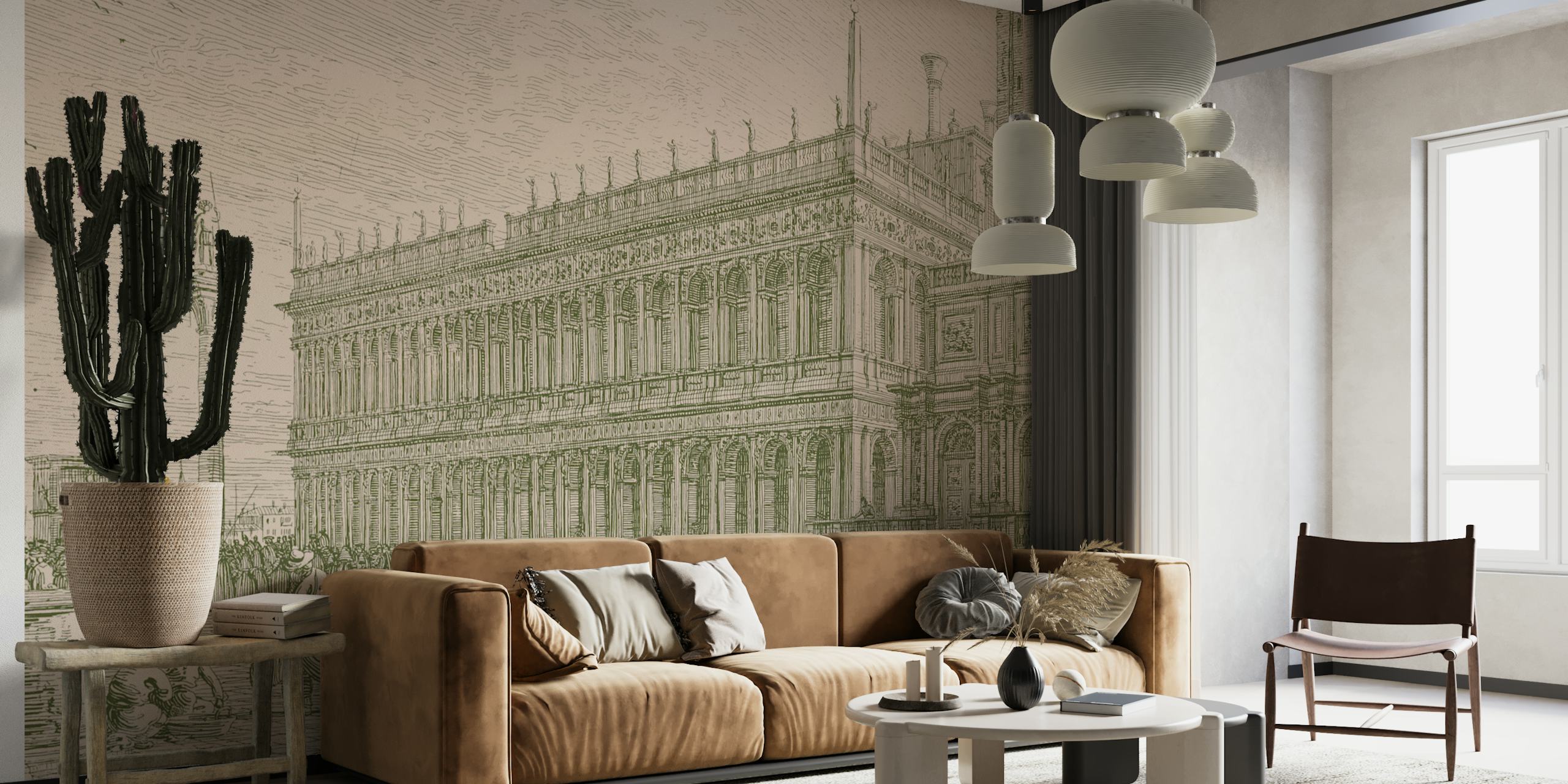 Historic Venice cityscape mural featuring detailed architecture in sepia tones wallpaper