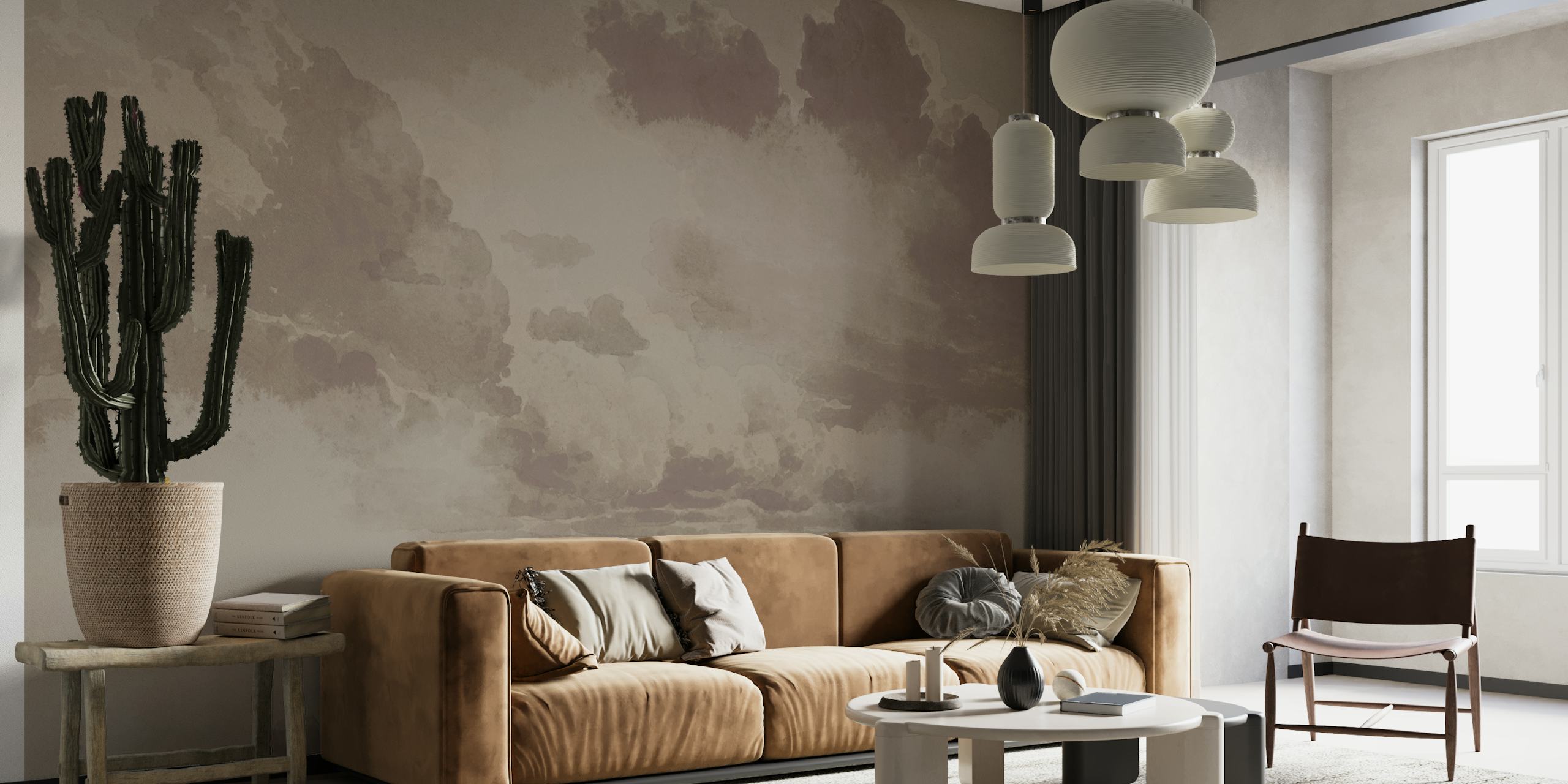 Renaissance Clouds Mocha papel de parede em um quarto