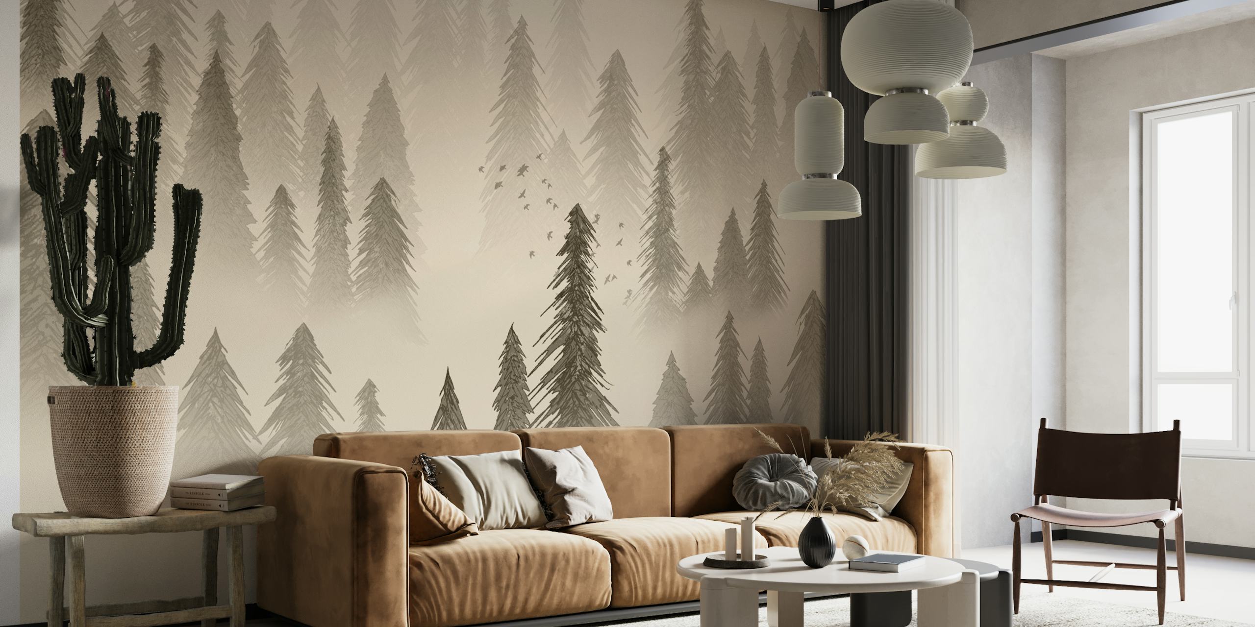 Tree silhouettes in sepia tones with misty background wallpaper