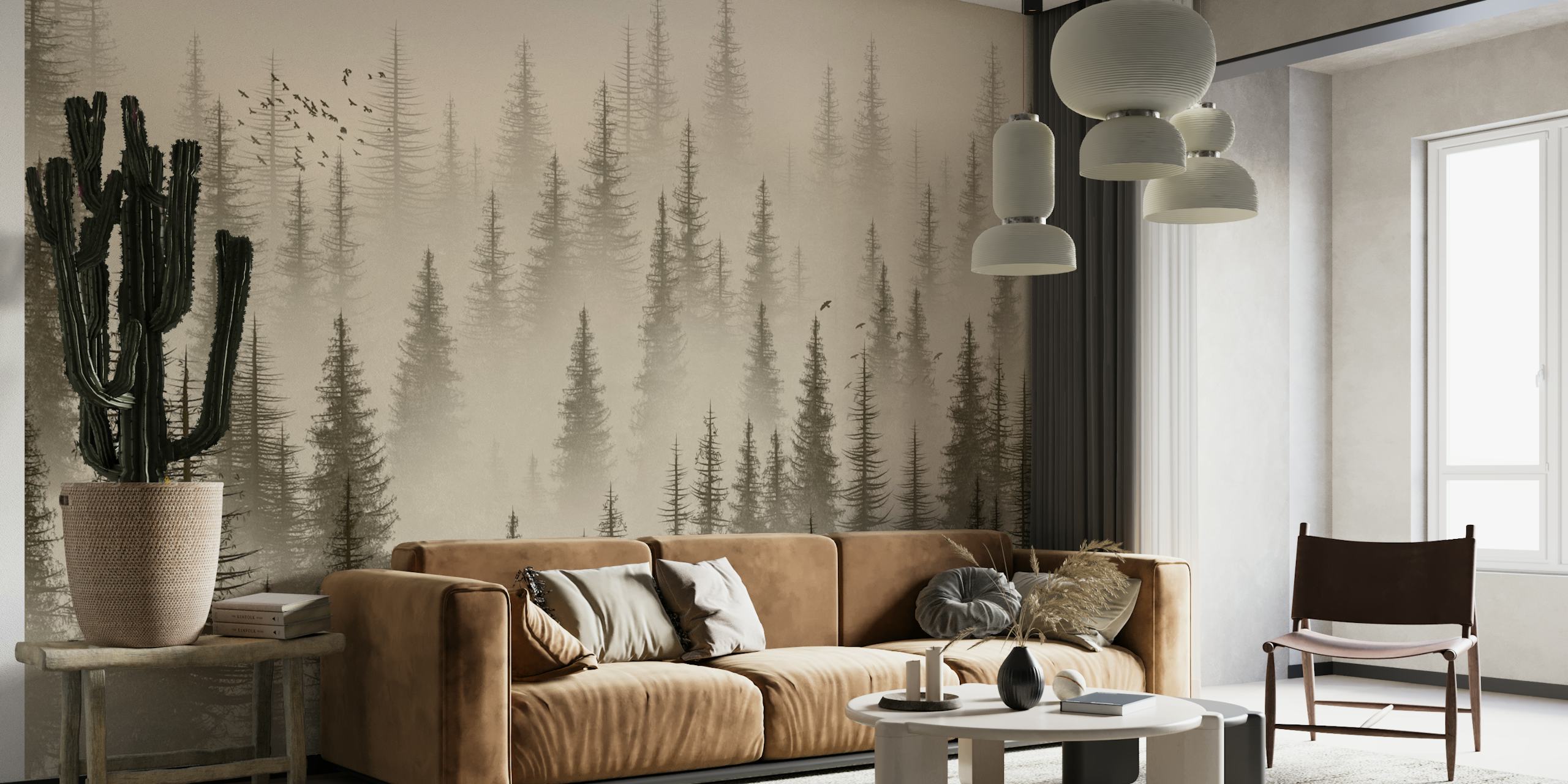 Silhouetted trees in misty sepia tones wallpaper