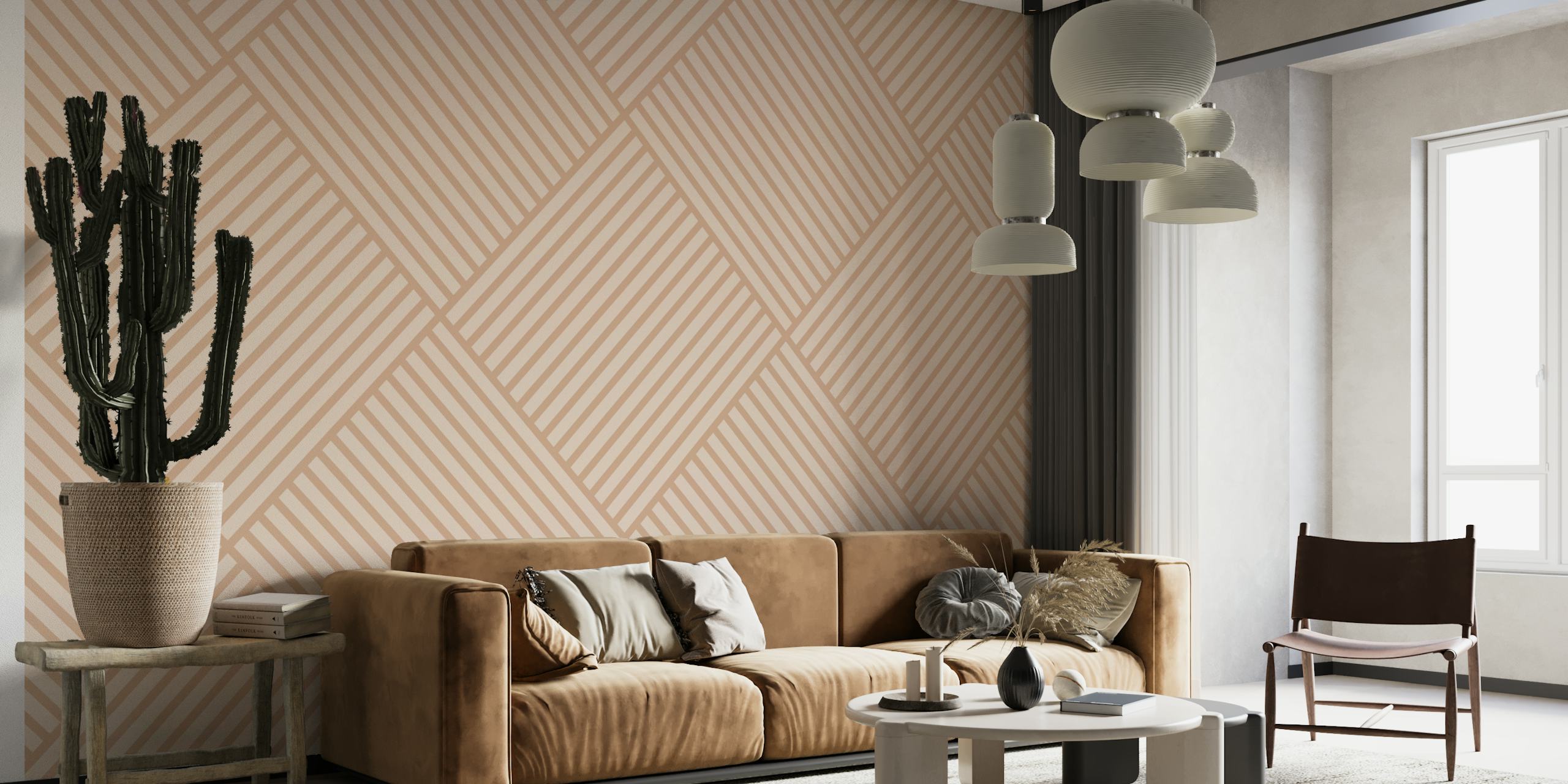 Diagonal stripes in cream tones. Modern striped wallpaper.