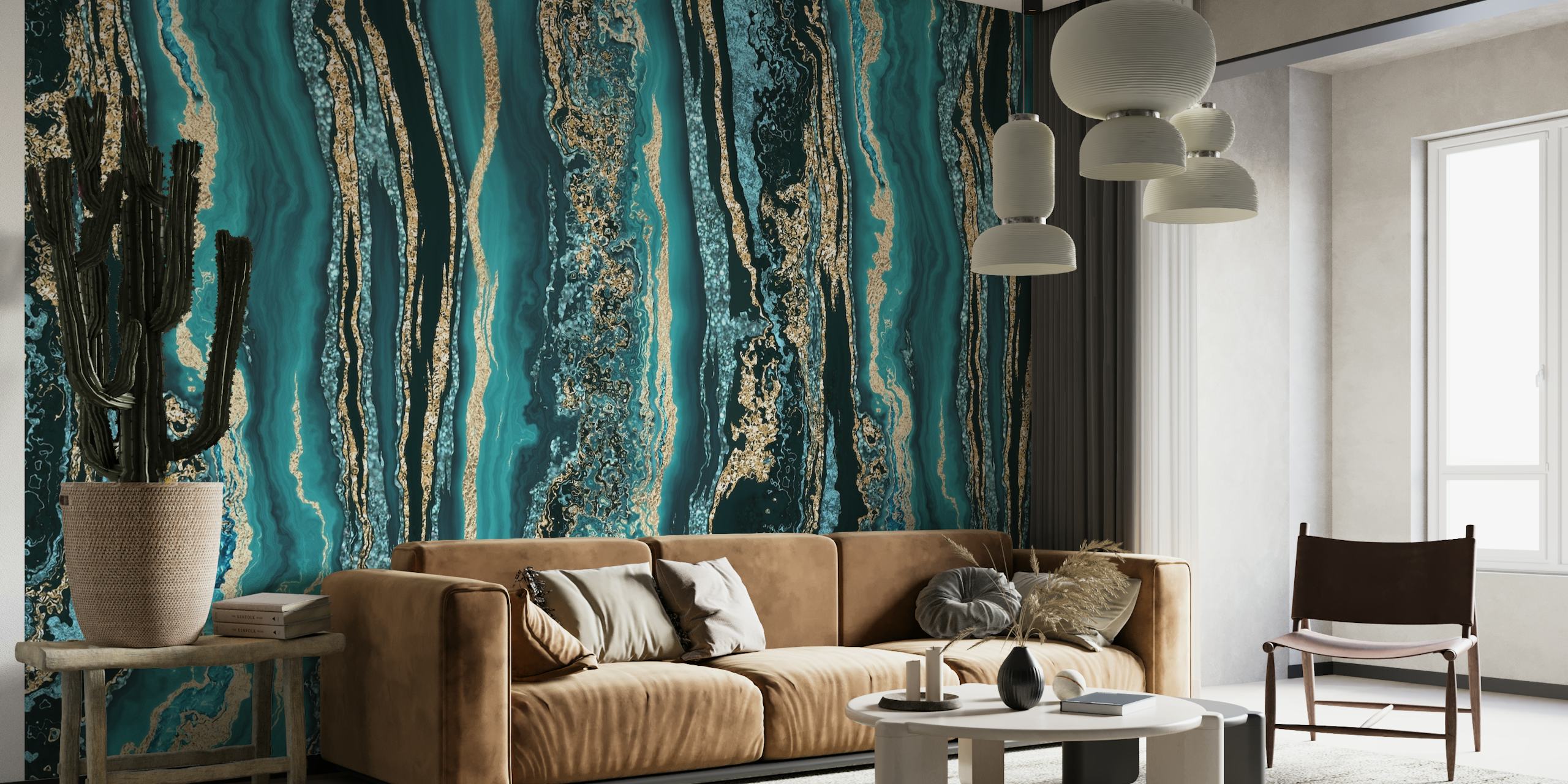 Luxurious Teal and Gold Gemstone-Inspired Wallpaper