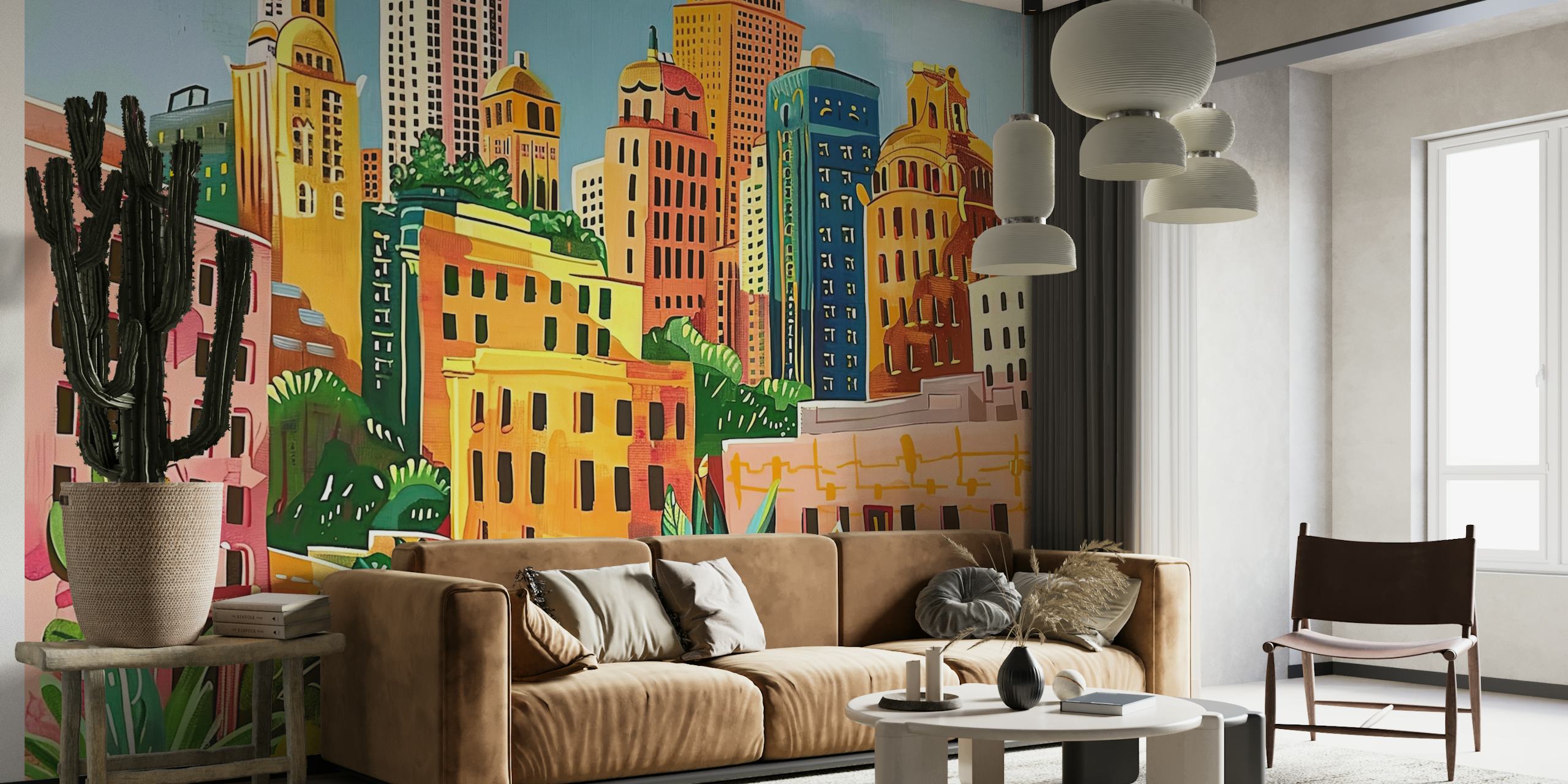Carta da parati paesaggio urbano con edifici colorati