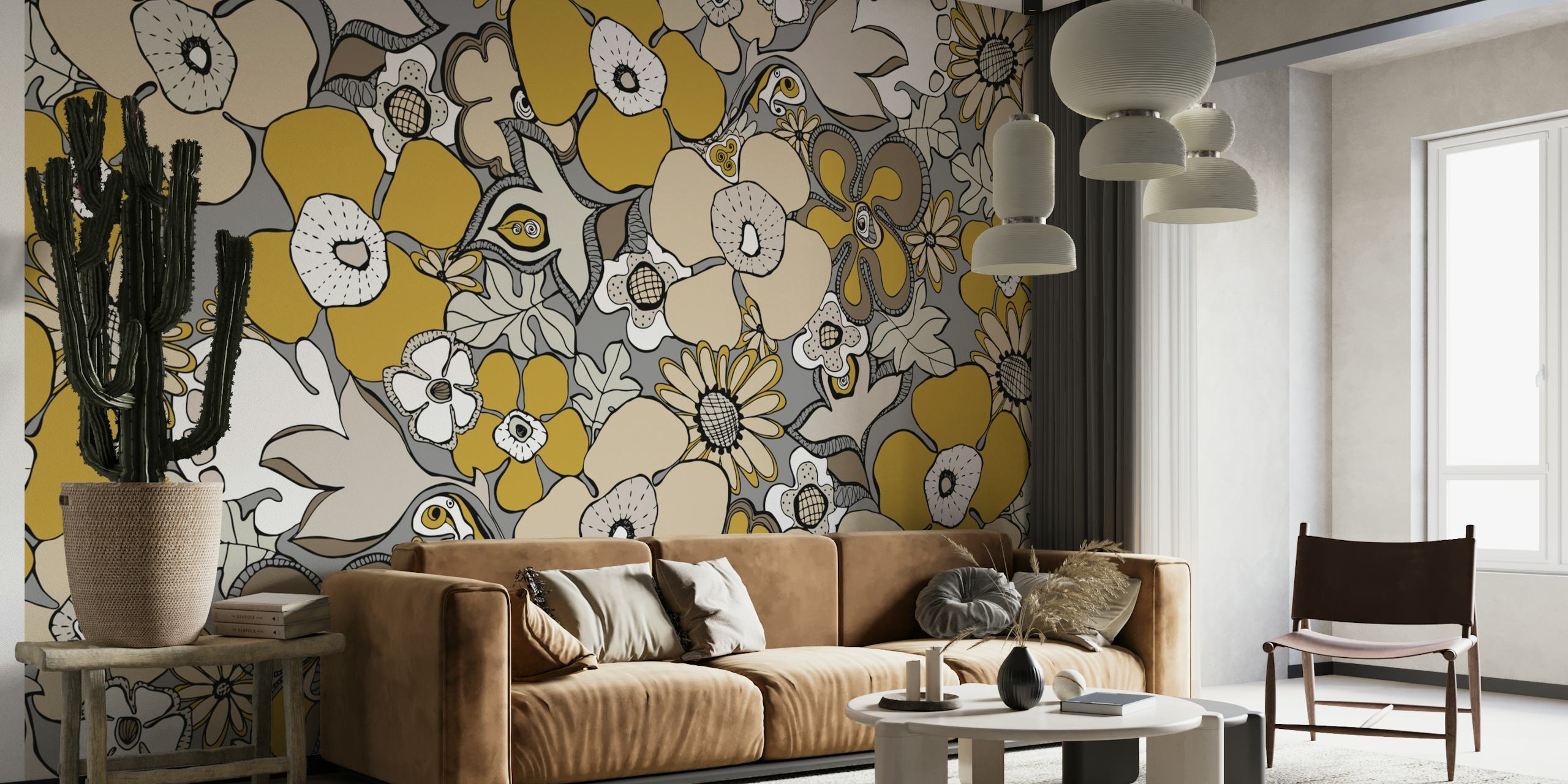 Floral Doodles grey mustard ταπετσαρία σε ένα δωμάτιο