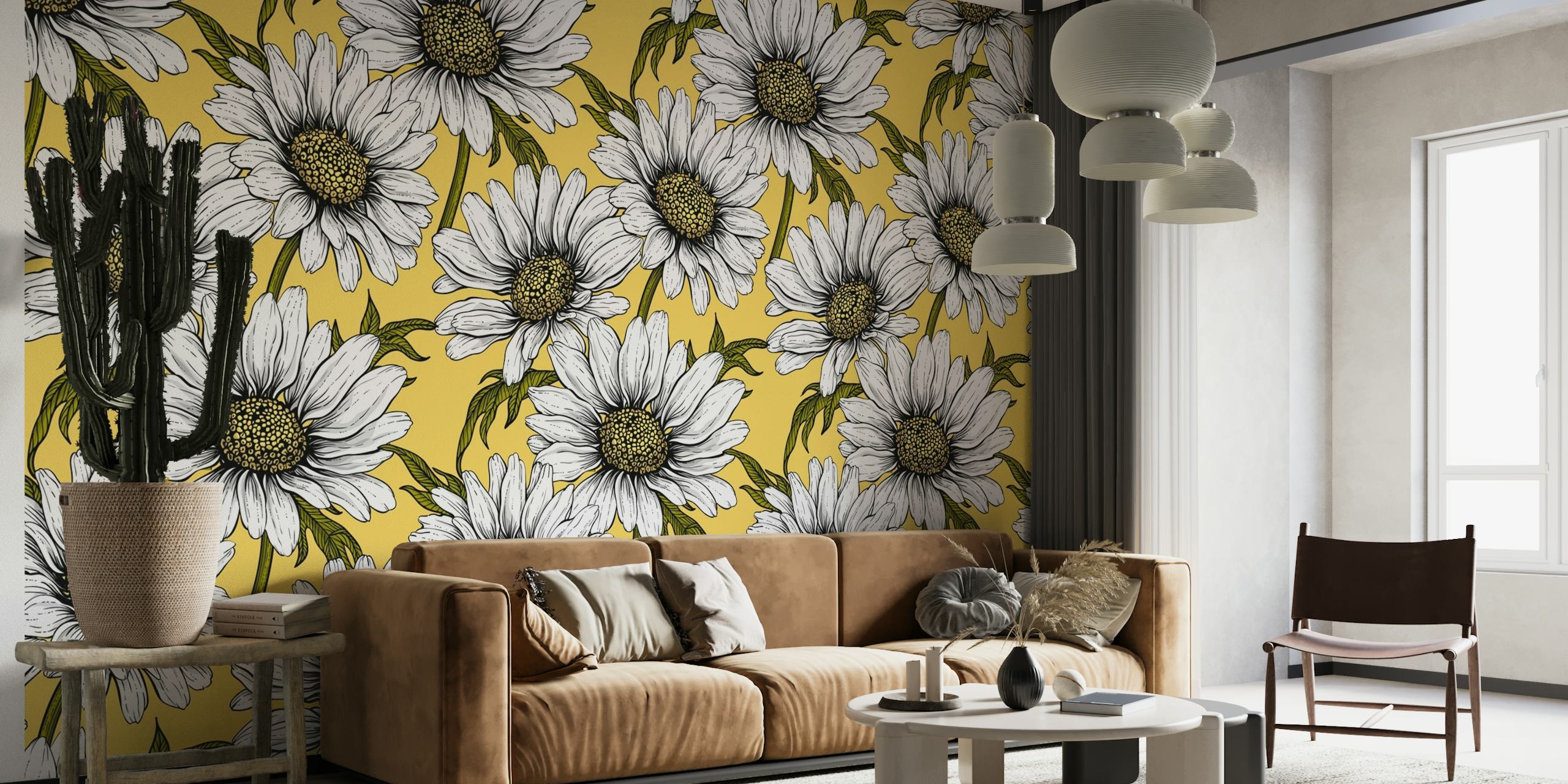 Daisies on Yellow Wall Mural with white flowers on a bright yellow background