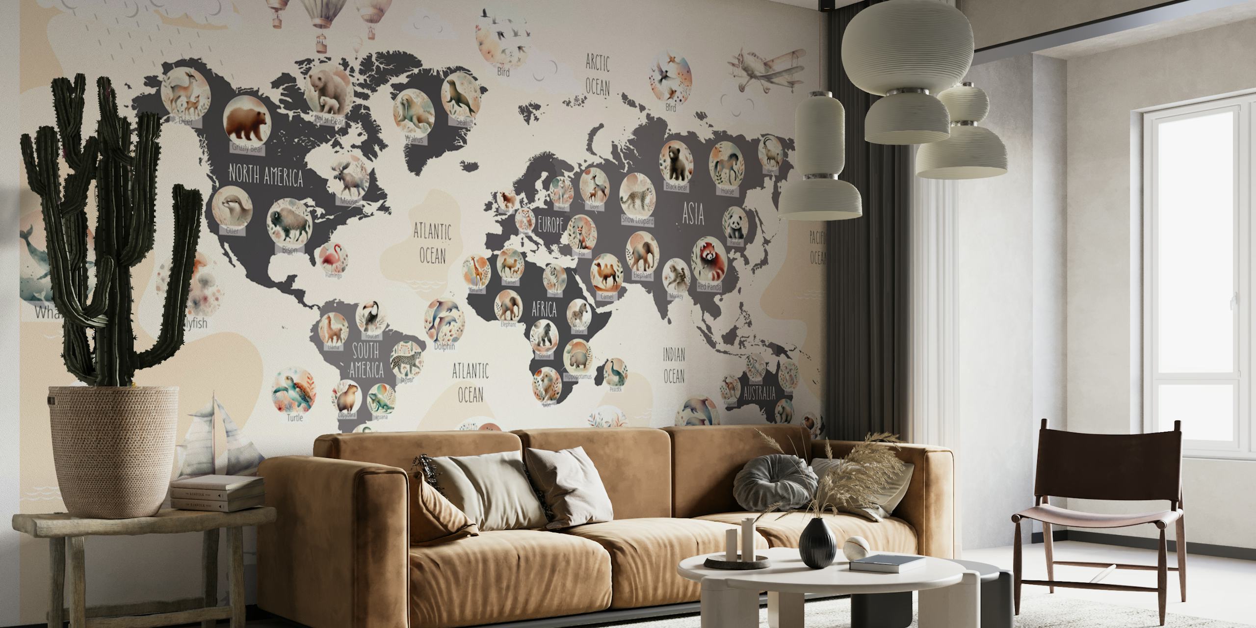 Tapeta Chic Wildlife World Map w pokoju