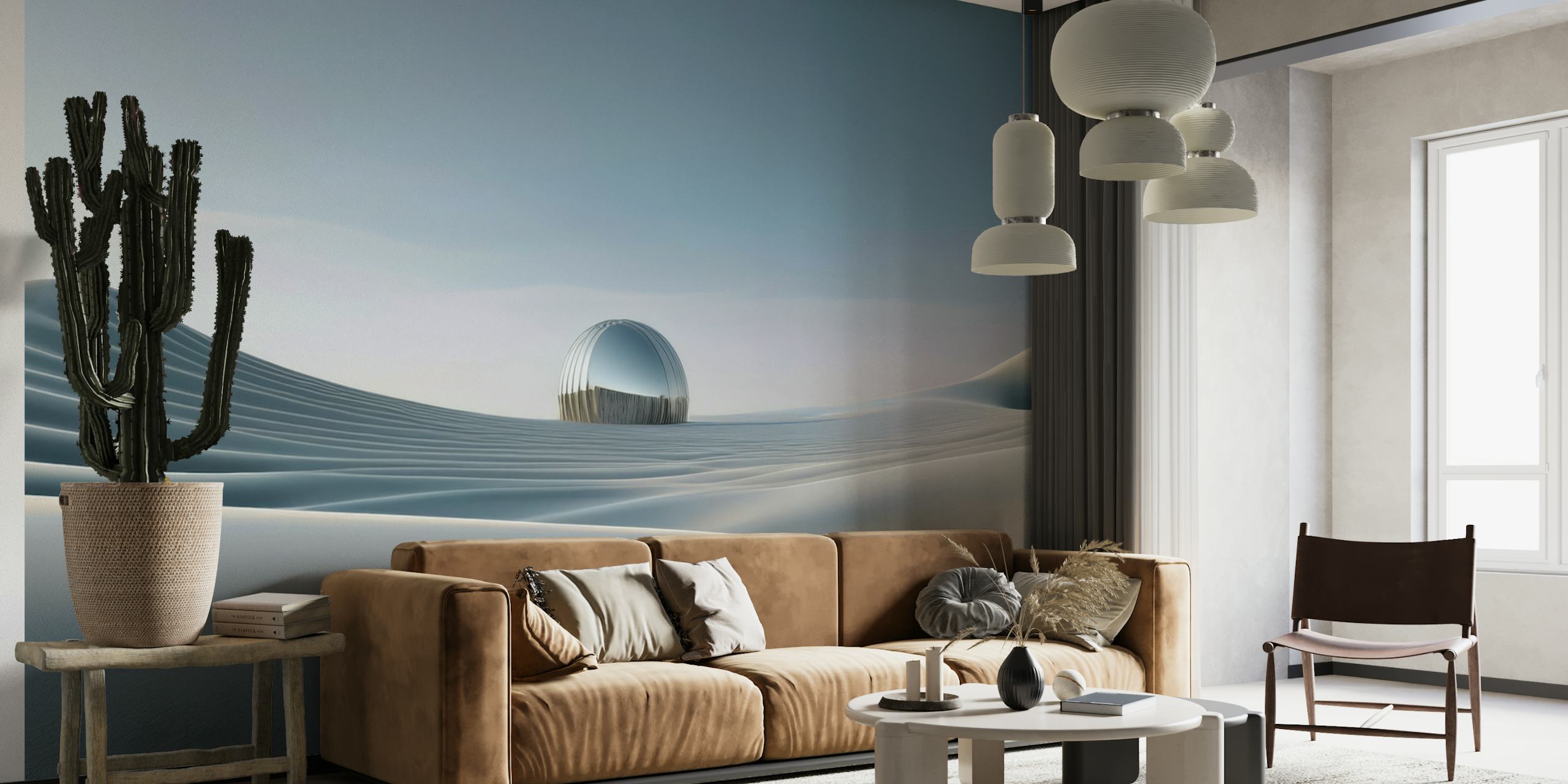 Futuristic landscape wallpaper in a room
