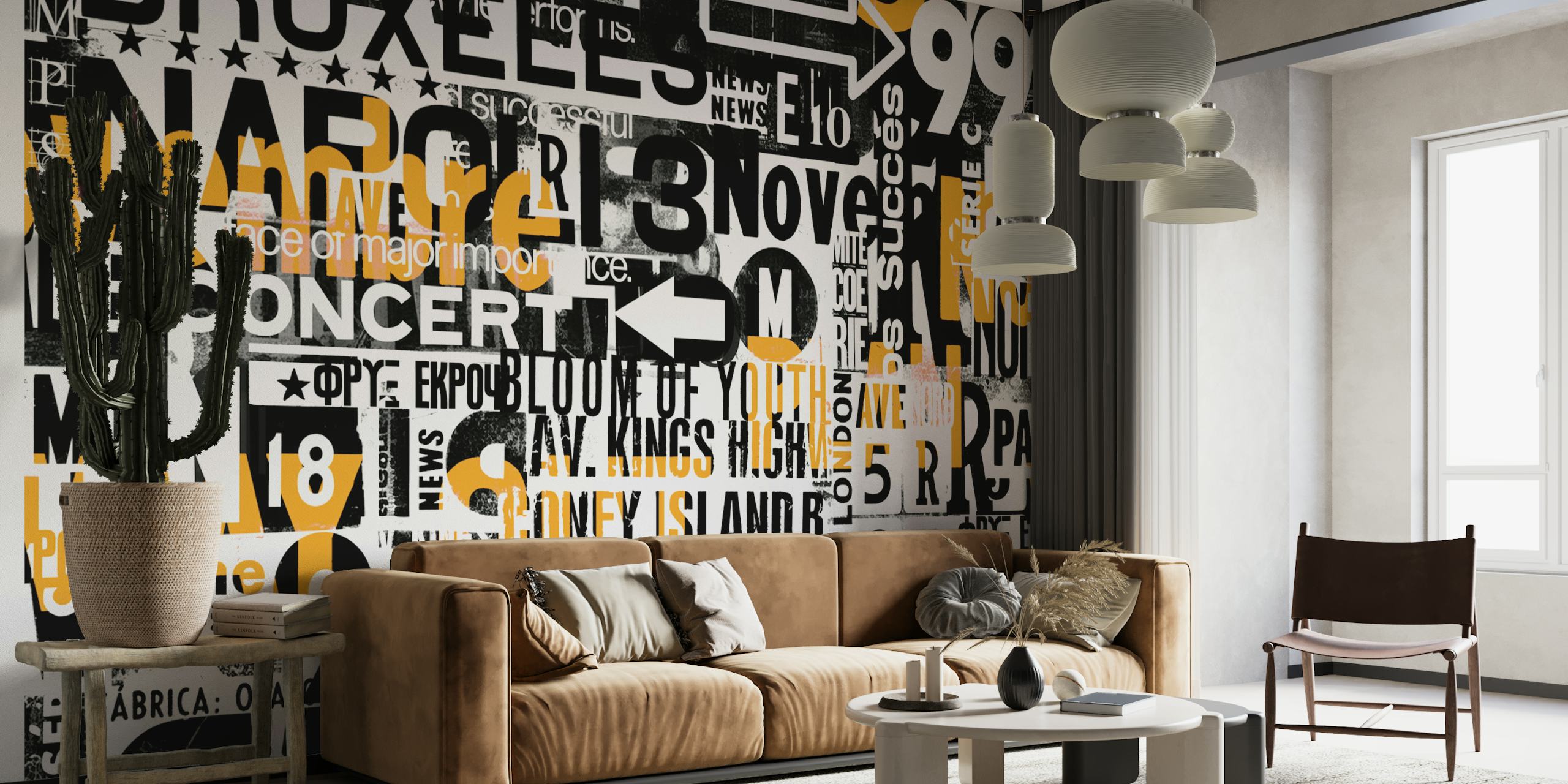 Street Art Wallpaper en jaune, blanc et noir