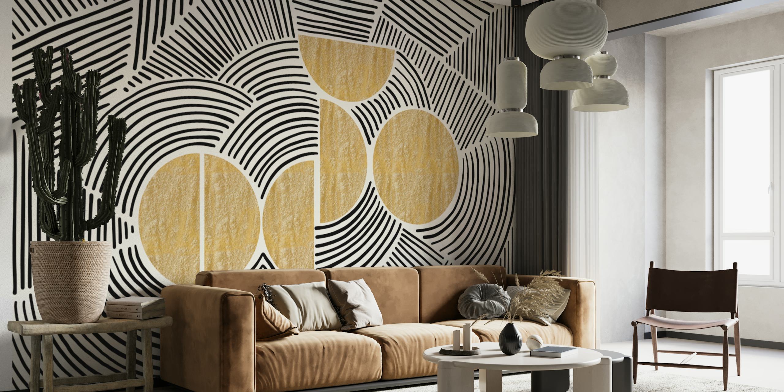 Geometric black and gold patterns with lines and circles wallpaper