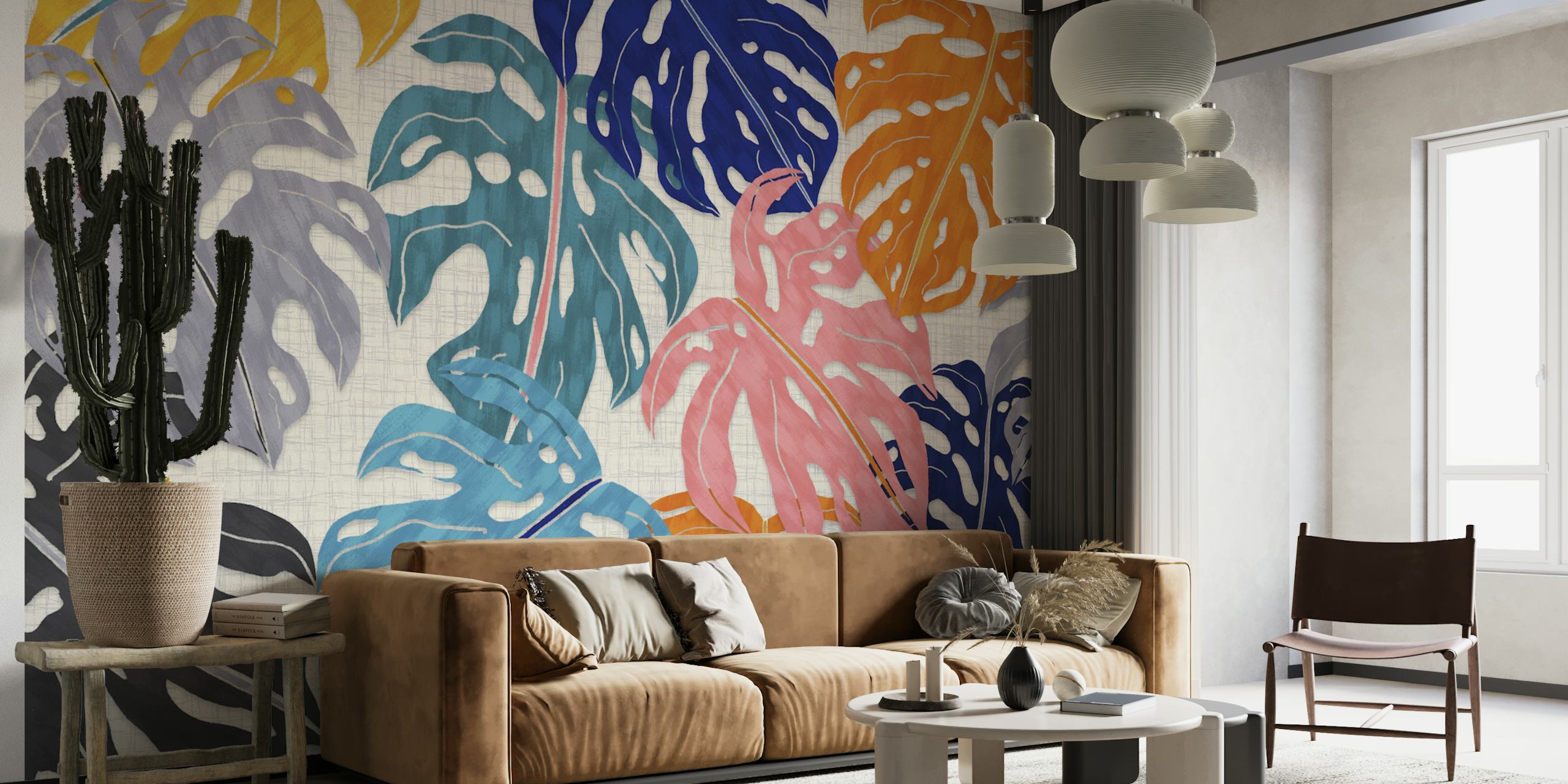 Colorful Monstera leaves in orange, pink, blue, and gray on a textured white background wallpaper