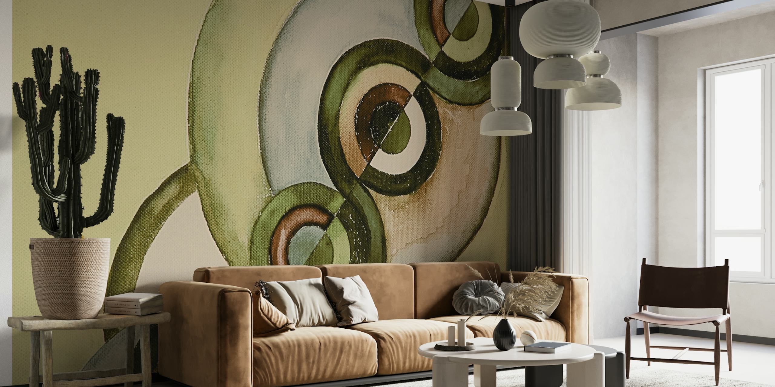 Earthy green circles wallpaper in a room