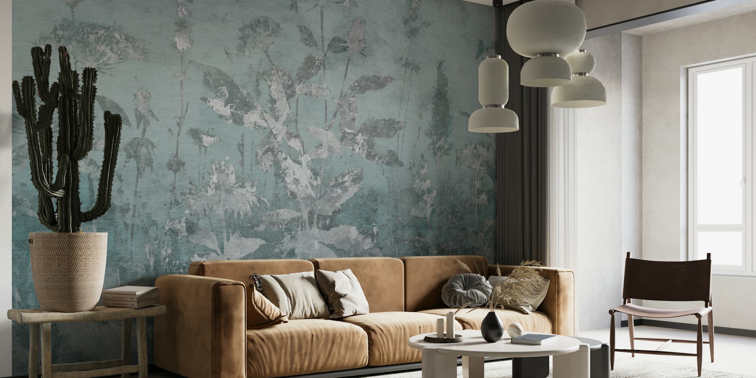 Aqua floral botanical wallpaper with an antique effect