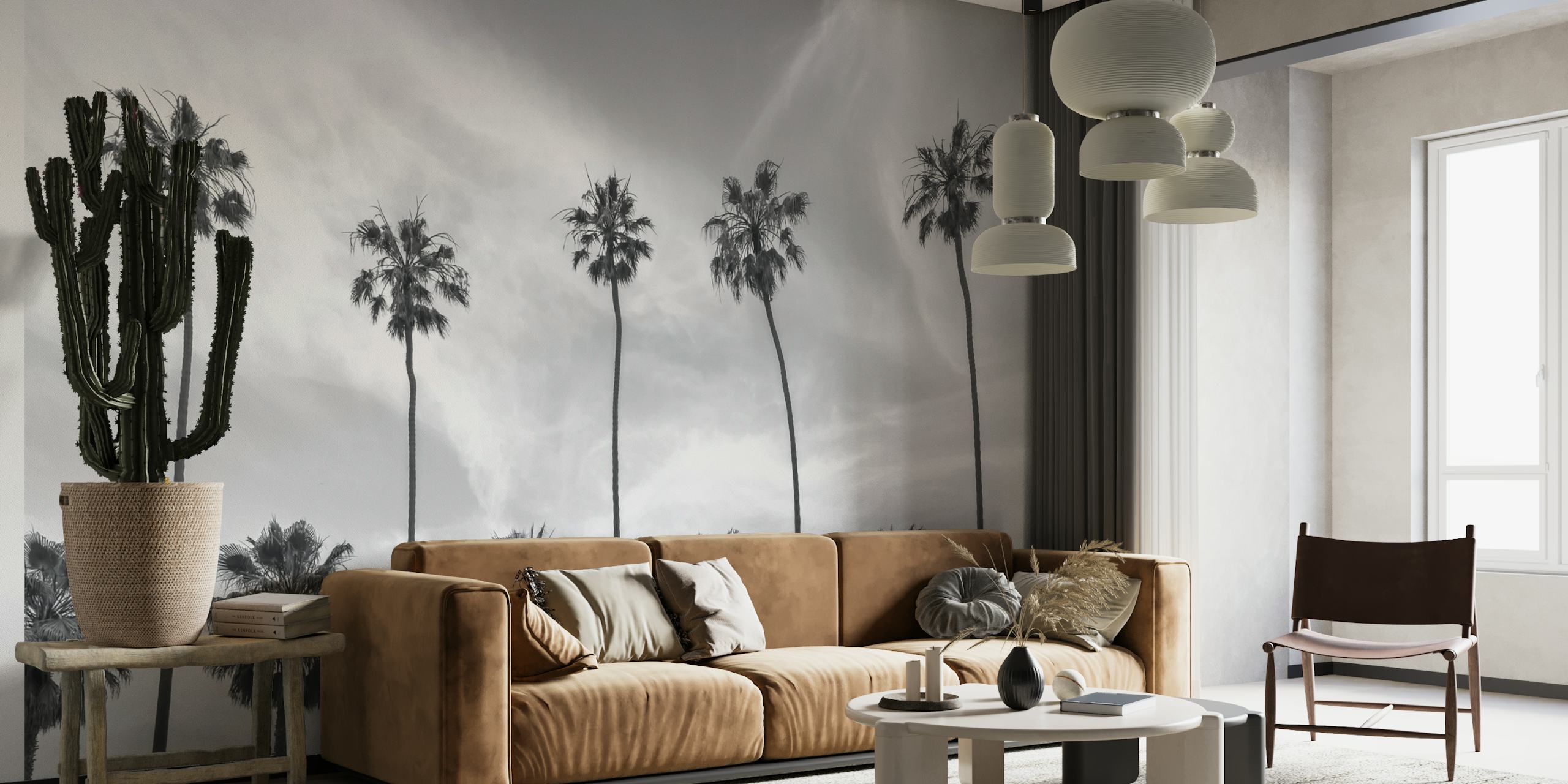Monochrome palmboomsilhouetten tegen een muurschildering met kalme lucht