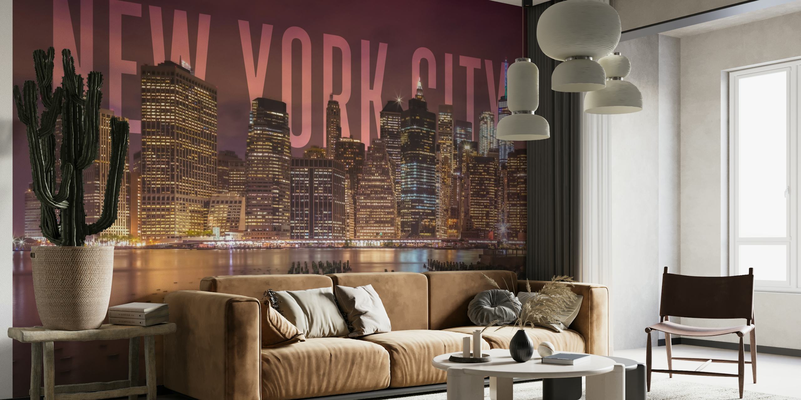 NYC skyline med aftenlys, der reflekterer vand til et vægmaleri