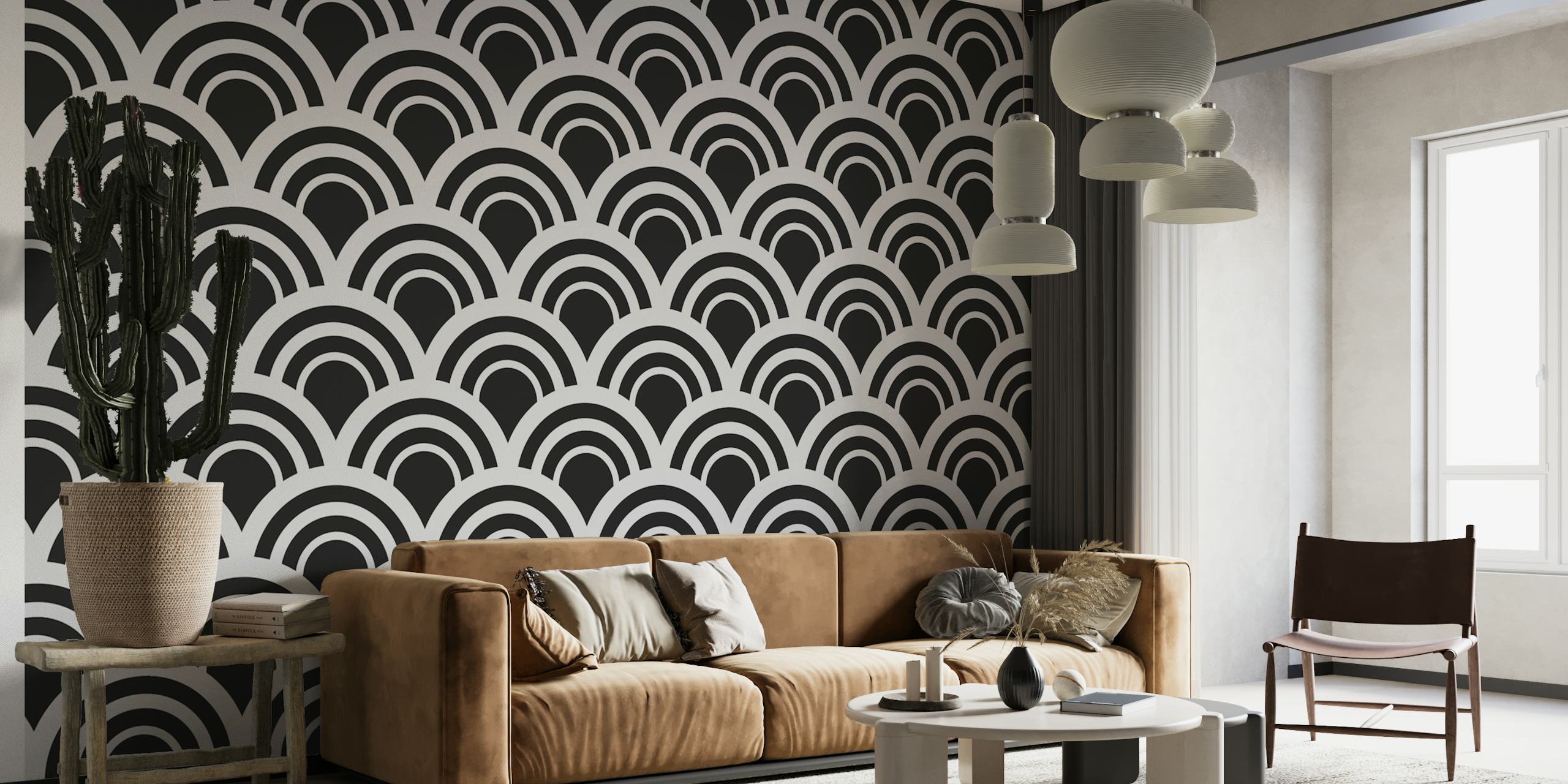 Svart og hvit Black and White Waves-tapet i et rom