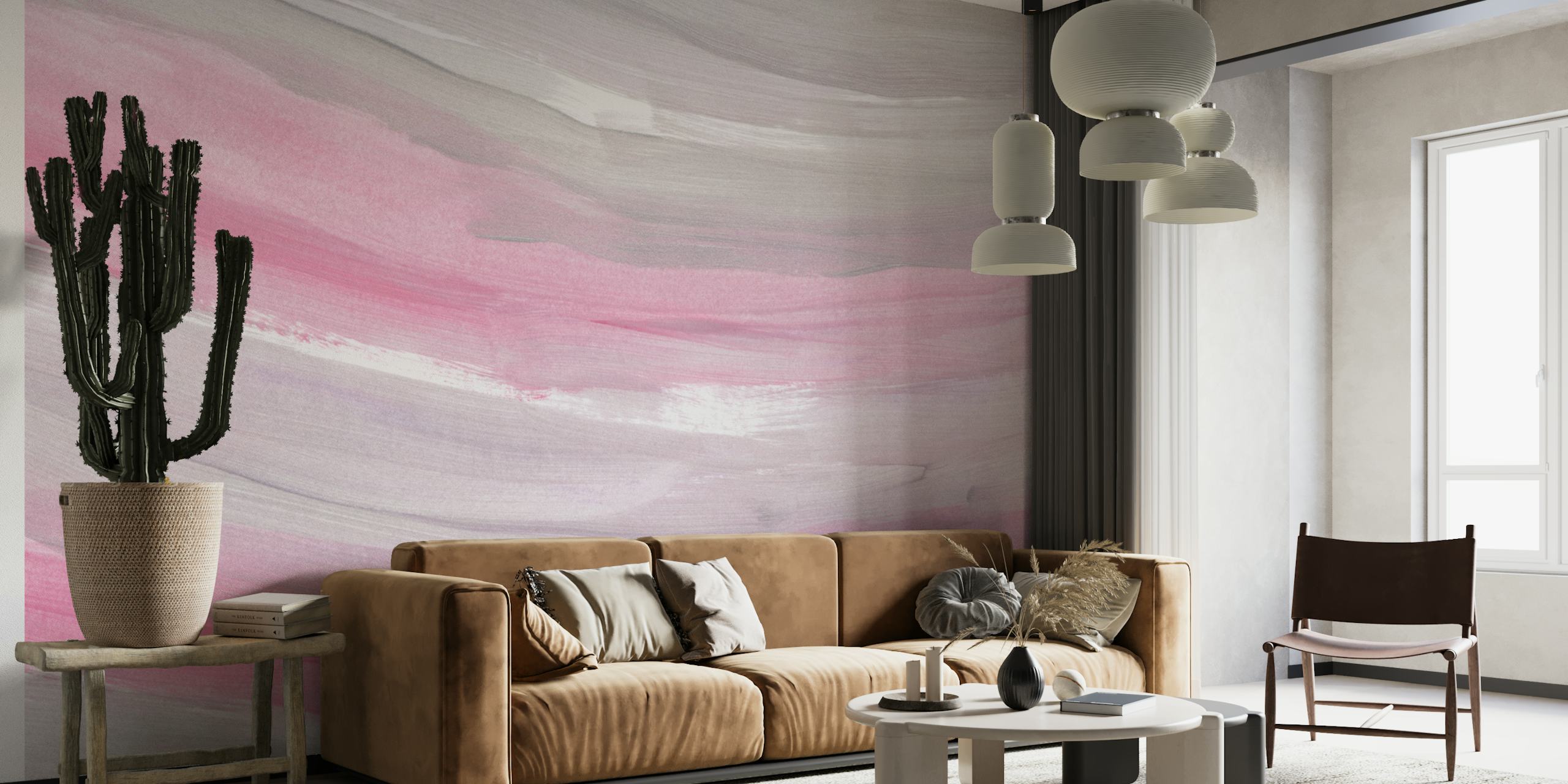 Blush and Gray Brushstroke Waves wallpaper in room