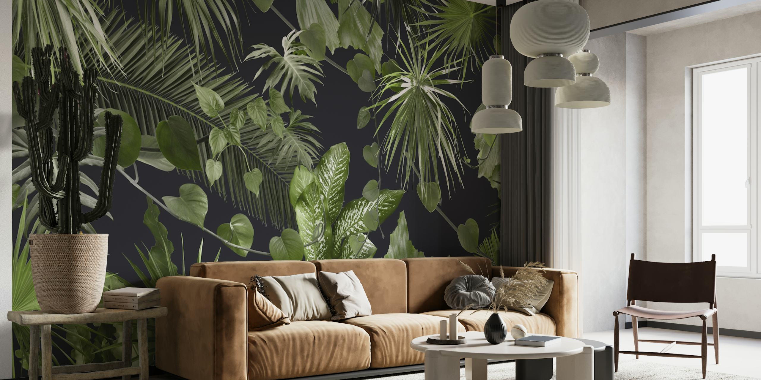 Tropical leaves in green tones on black background wallpaper